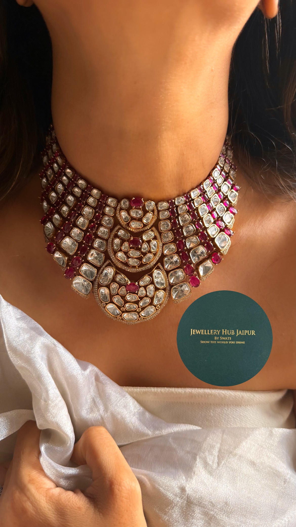 Rani pink doublet & moissanite uncut polki Victorian choker set