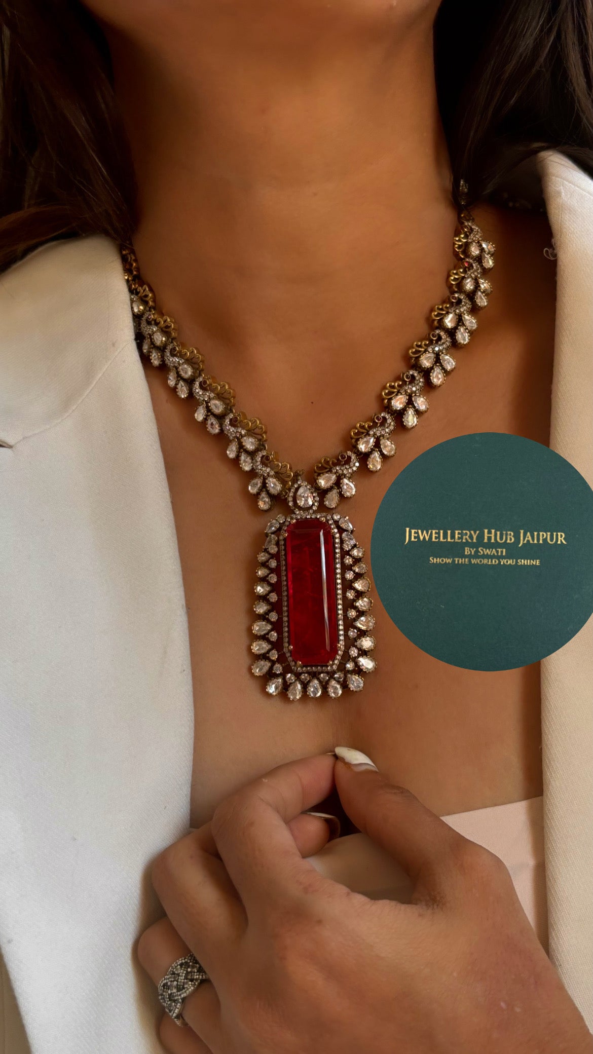 Preet Ruby doublet and moissanite victorian necklace set