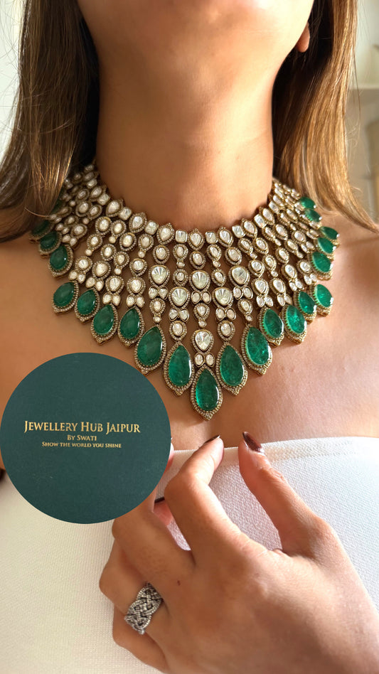 Emerald doublet leaf & moissanite set