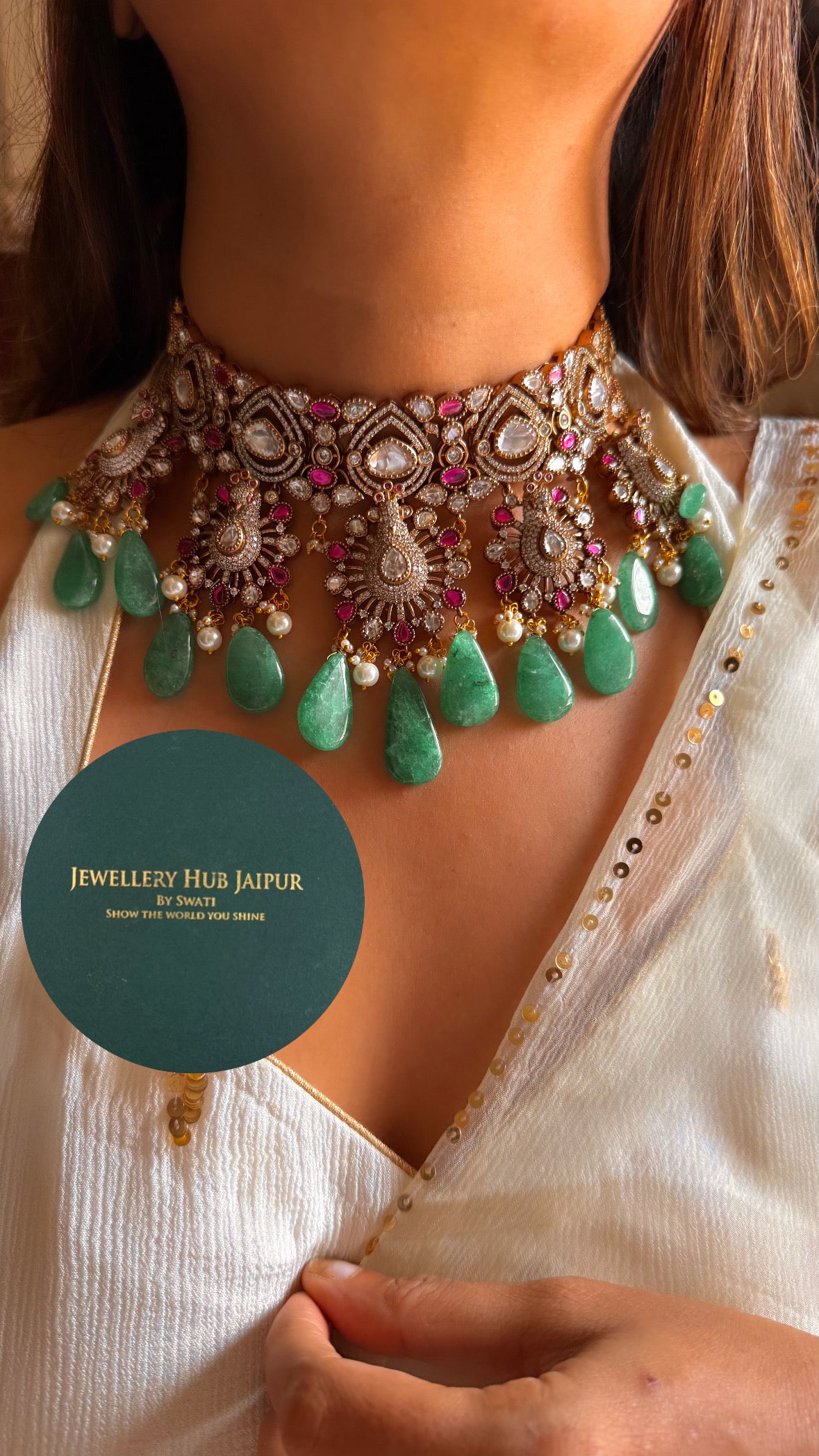 Rani pink moissanite floral with mint drop choker set