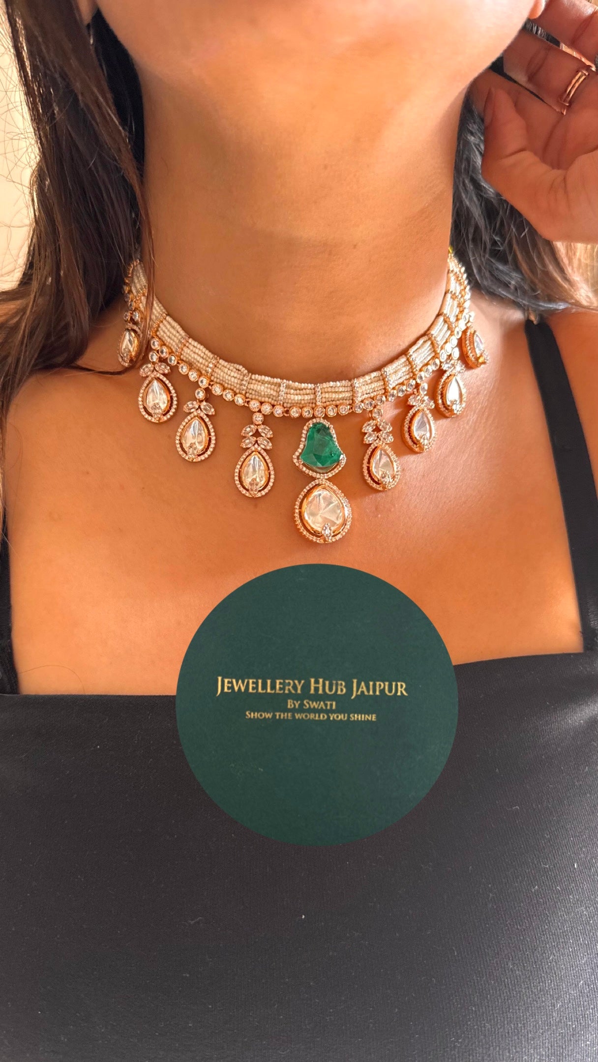 emerald stone with uncut polki necklace