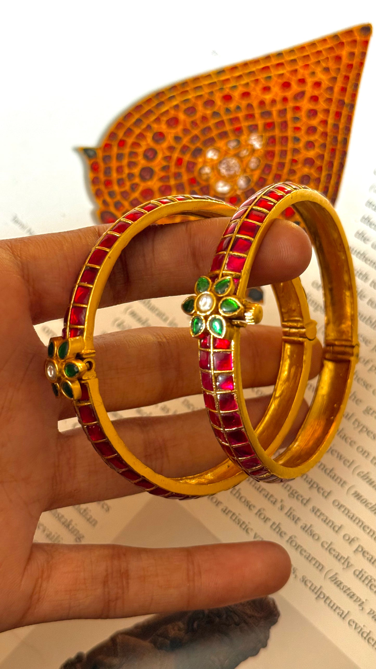 Emerald floral detailing rani pink paachi bangles
