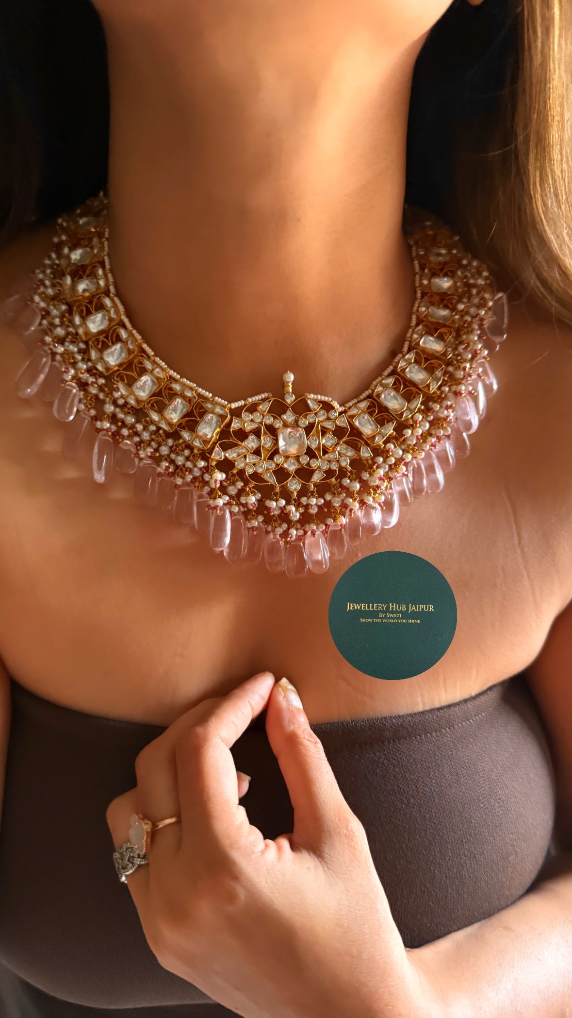 Rose quartz drop in paachi kundan collar set