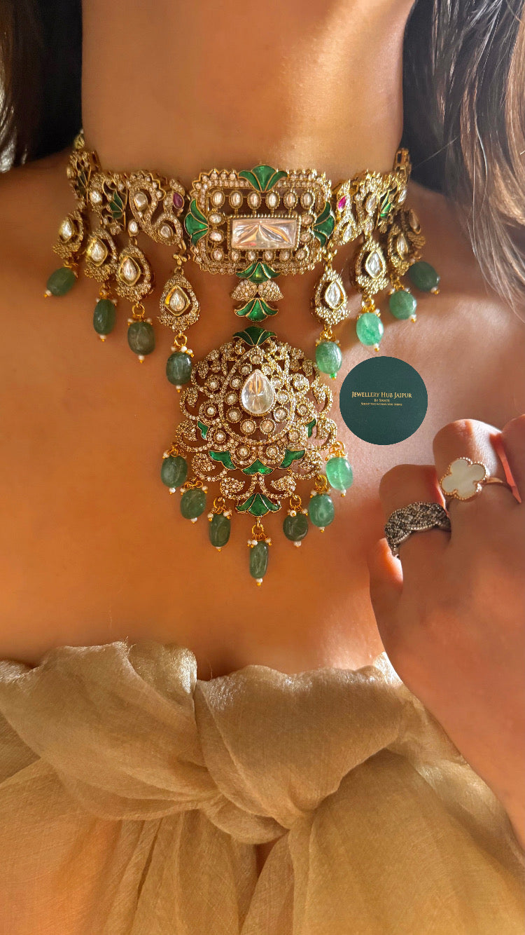 Emerald katdana and Rani pink moissanite uncut polki choker set