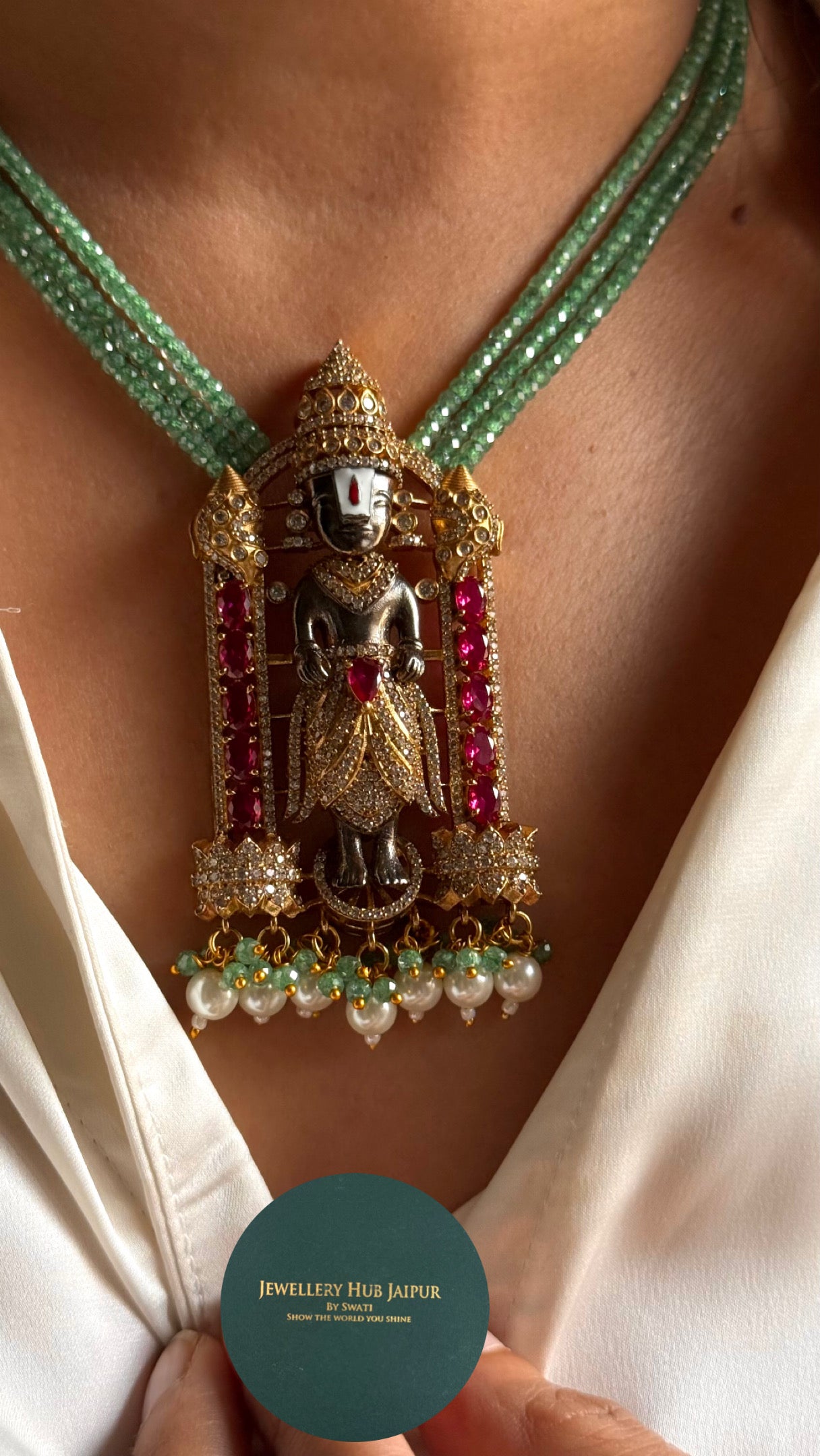 Lord venkateswara with mint pearl string pendant set