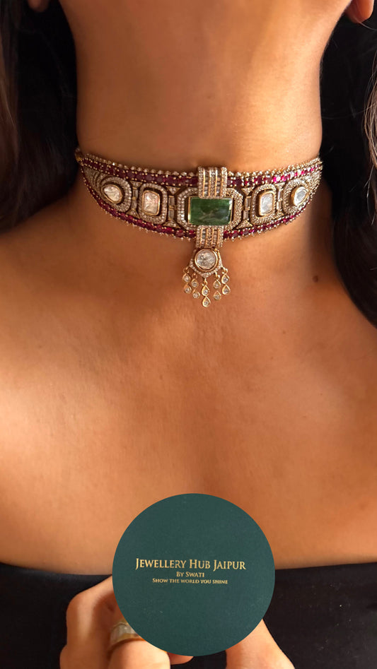Emerald & Rani pink doublet designer choker necklace