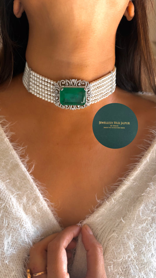 Emerald pearl cz diamond choker set
