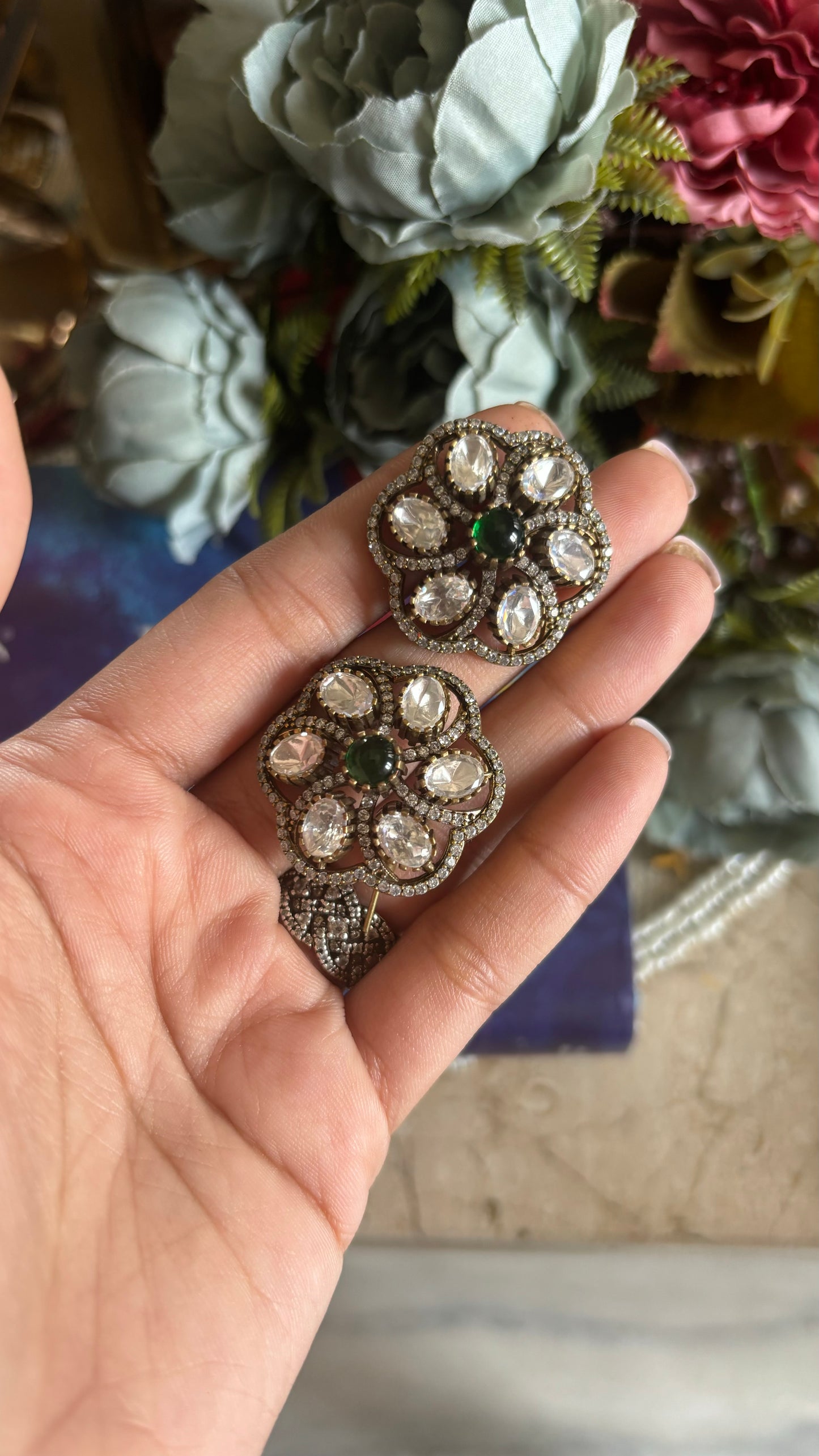 Moissanite emerald floral studs