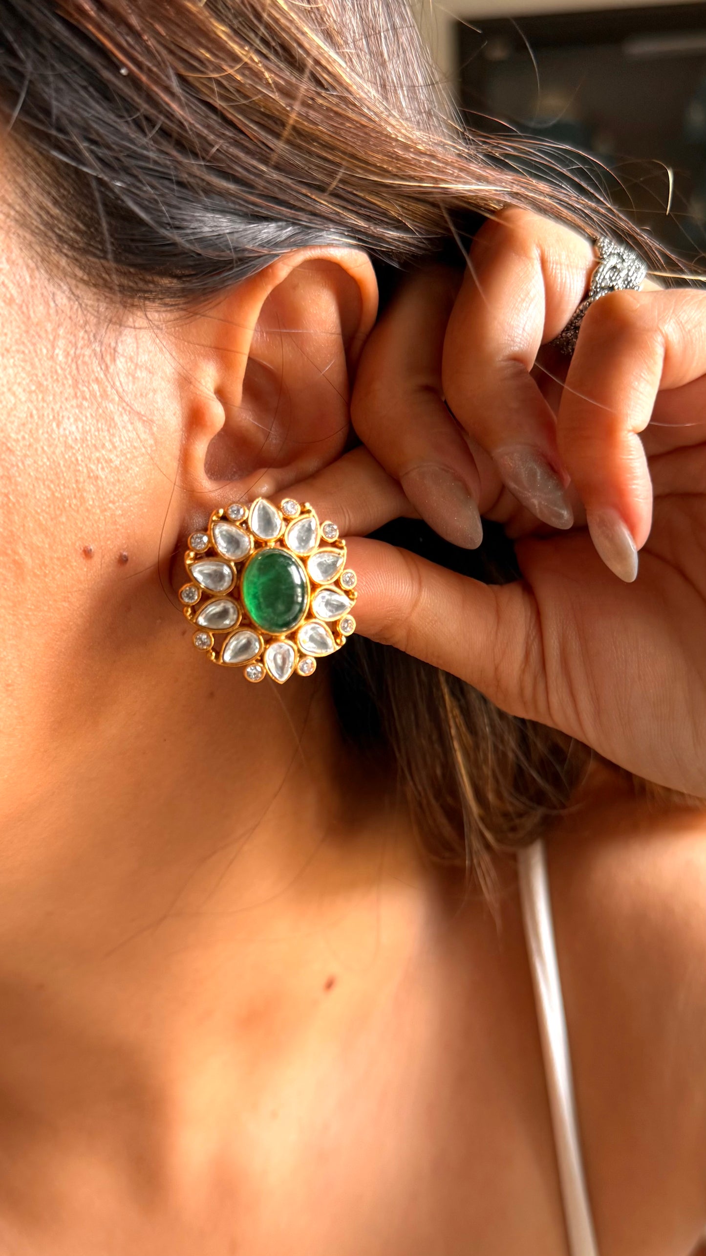 Emerald doublet moissanite floral studs