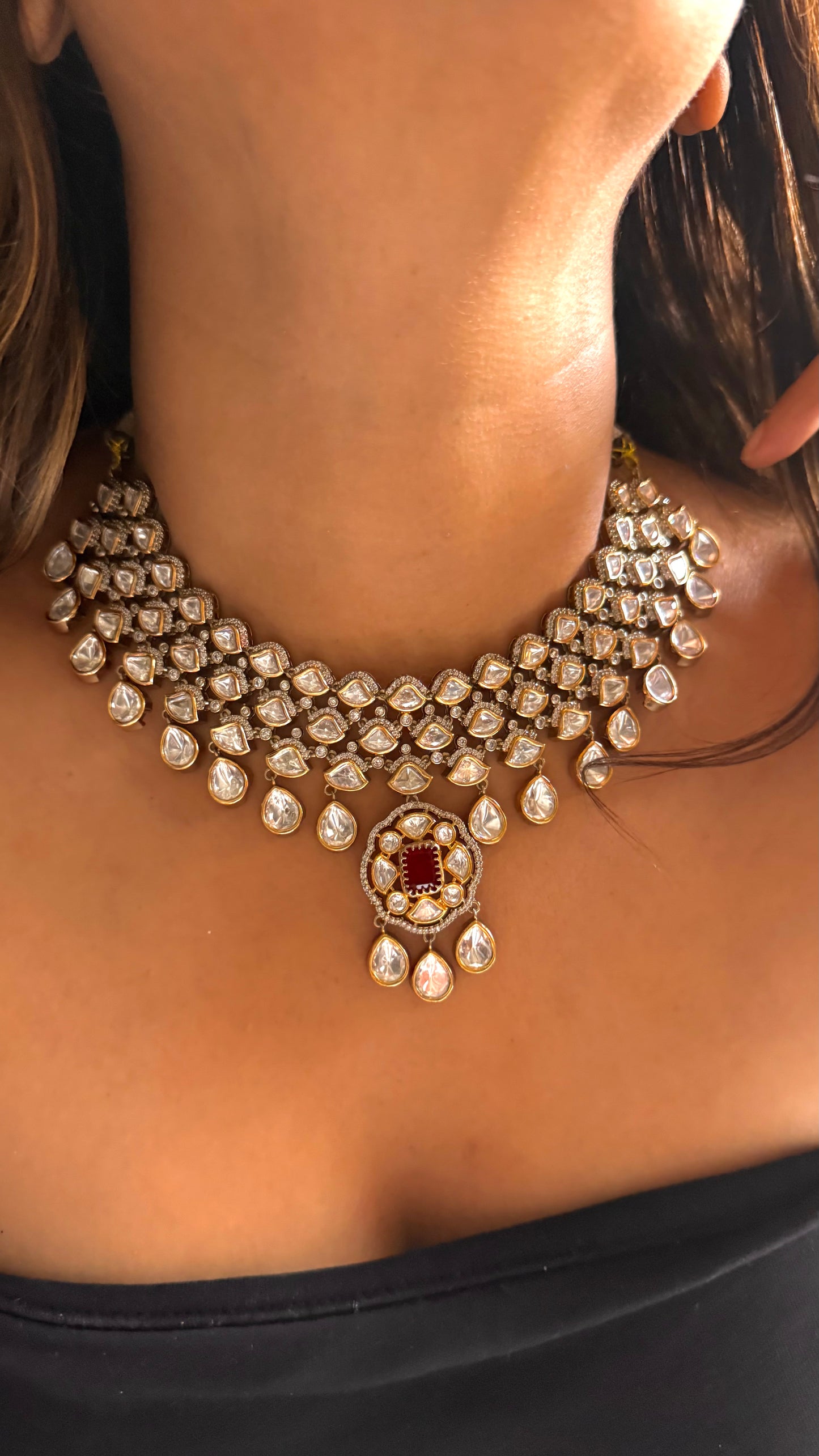 Ruby dual shade polki collar necklace with polki drops
