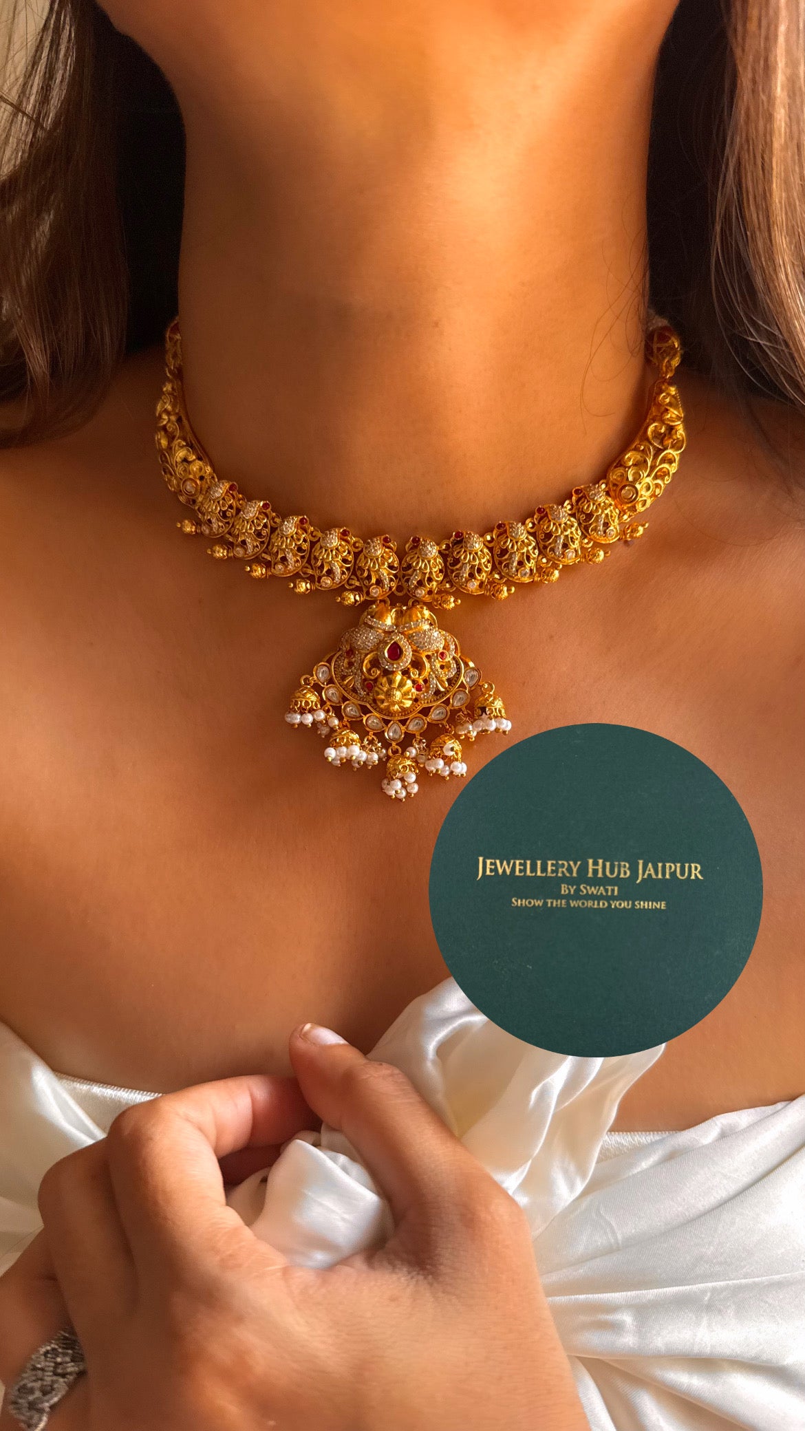 Ruby designer with minimal jhumka with pearl drop temple set