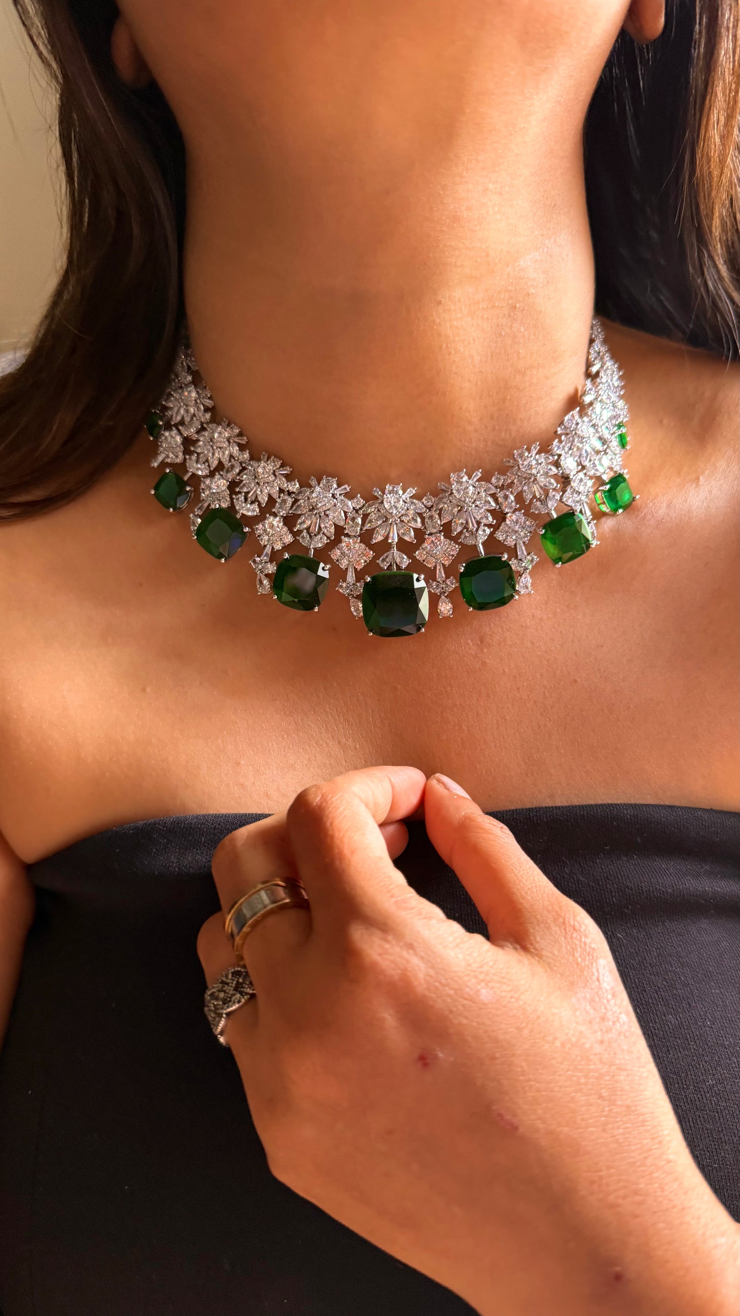 Emerald doublets cz diamond necklace