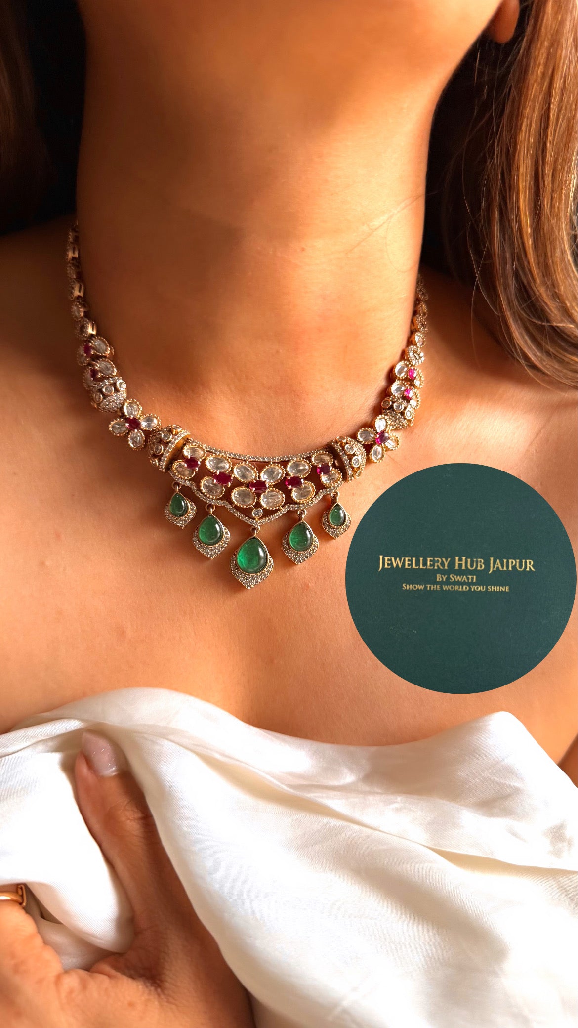 Emerald doublet & rani pink Moissanite collar set