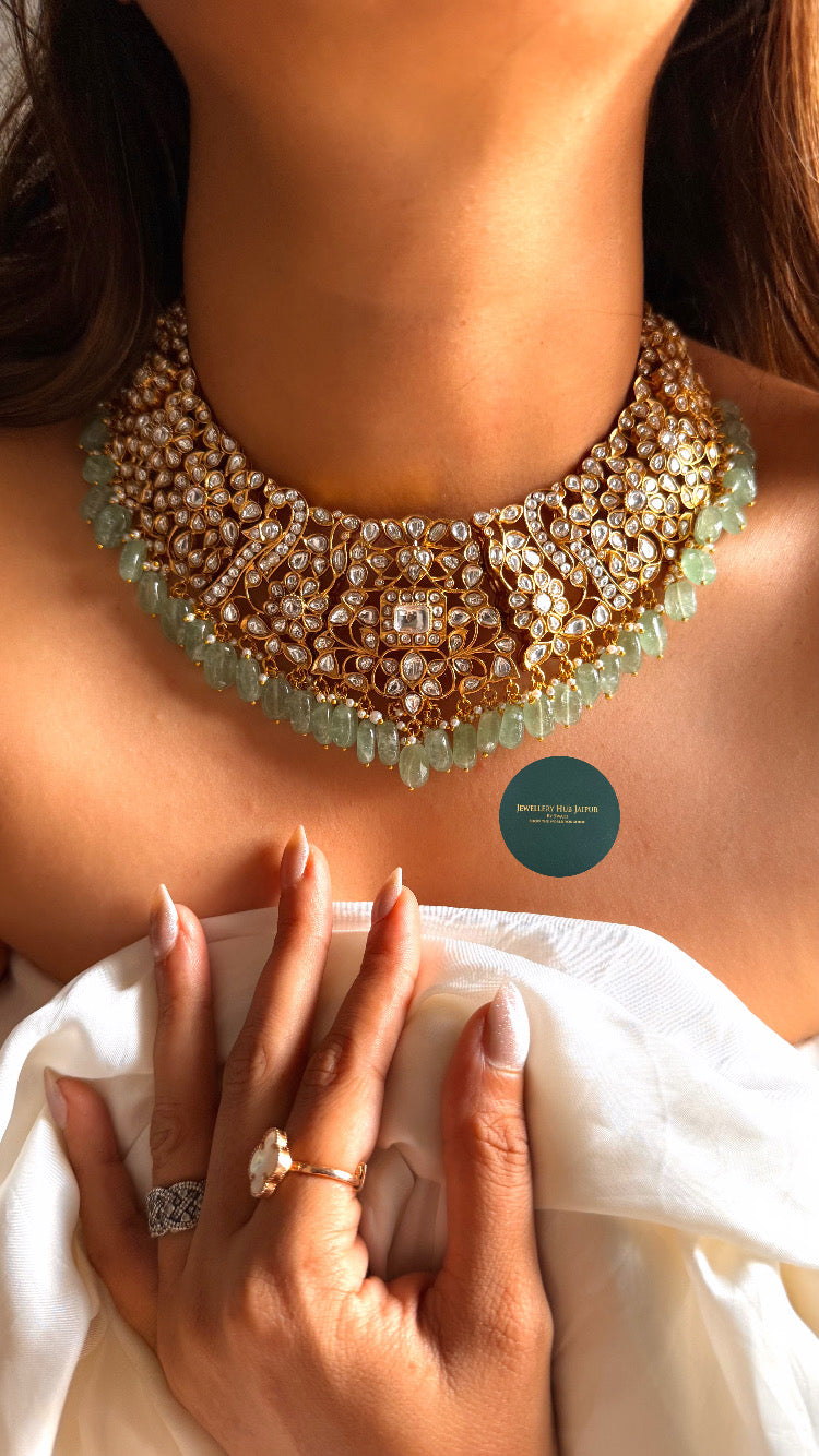 Heritage Moissanite floral with mint drop collar set