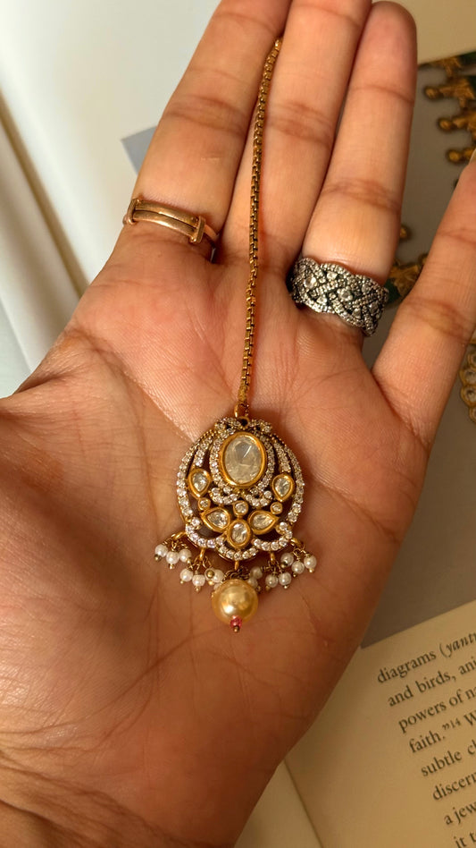 Moissanite polki mangtika with pearl and ruby detailing