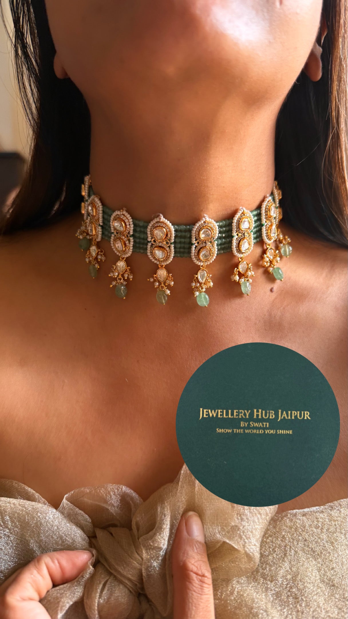 Real Moissanite mint choker set with strawberry drop