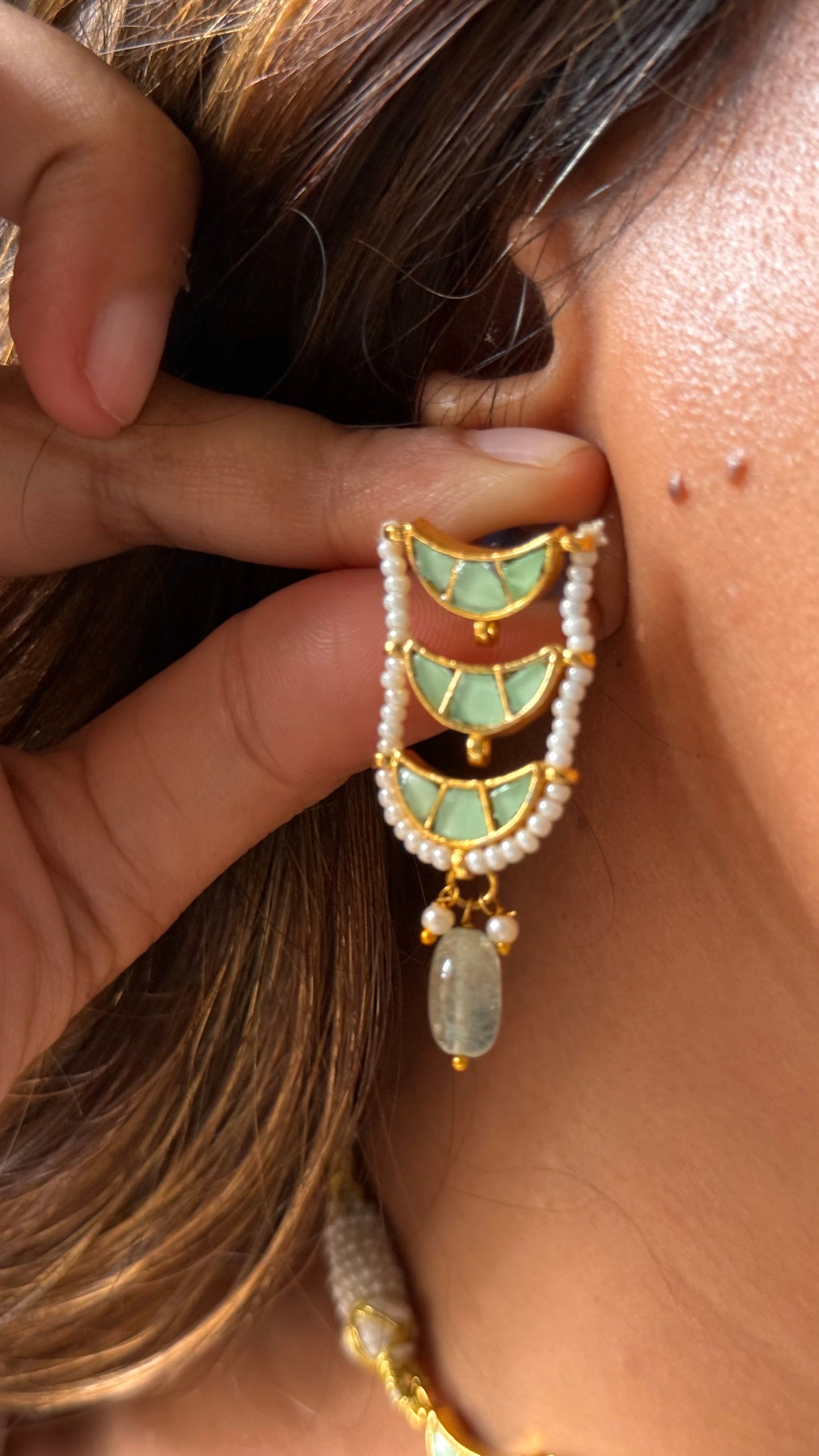 Designer mint half moon with strawberry drops choker Necklace