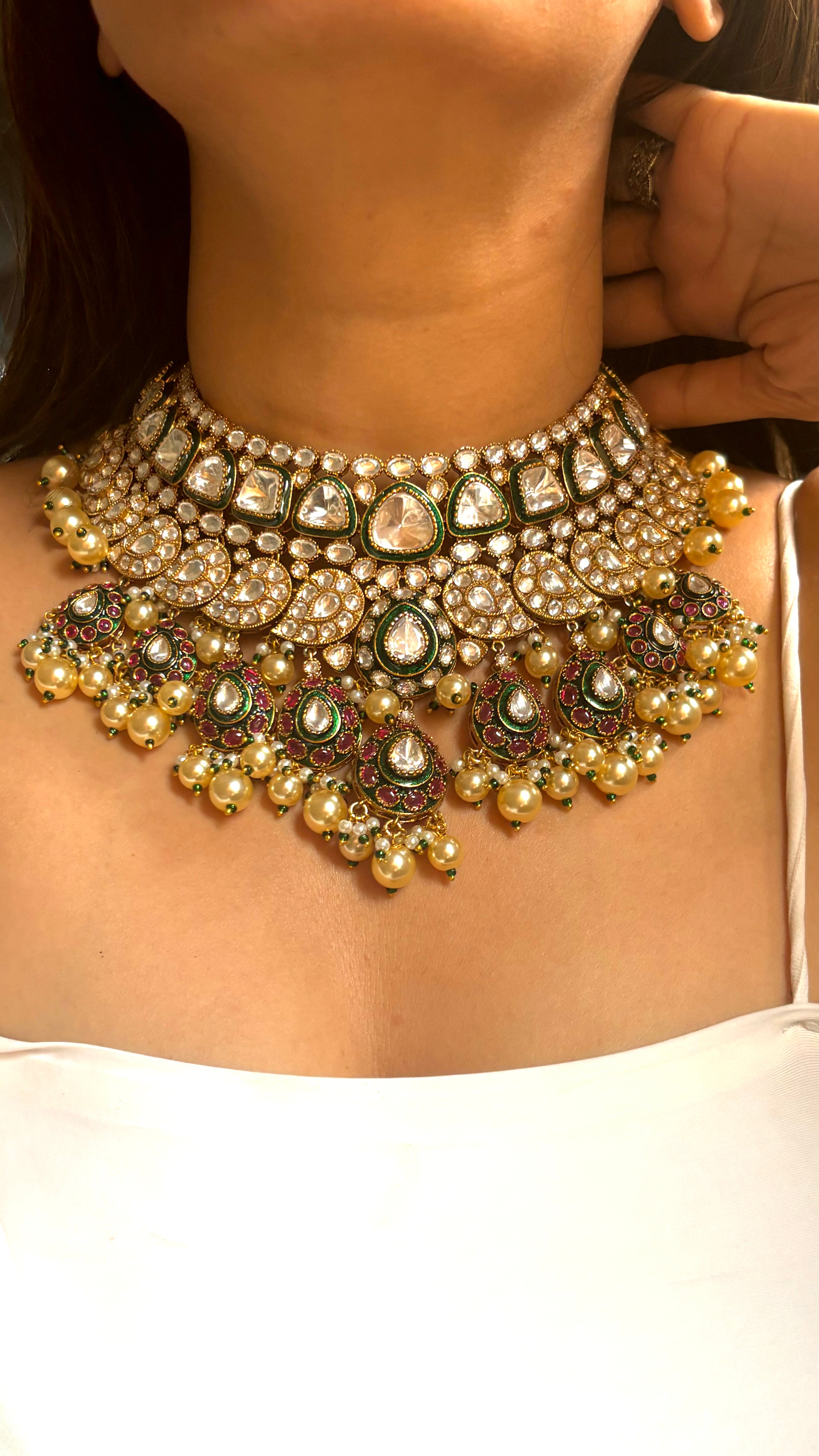 Uncut polki meenakari pearl bridal necklace