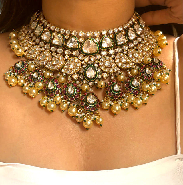 Uncut polki meenakari pearl bridal necklace