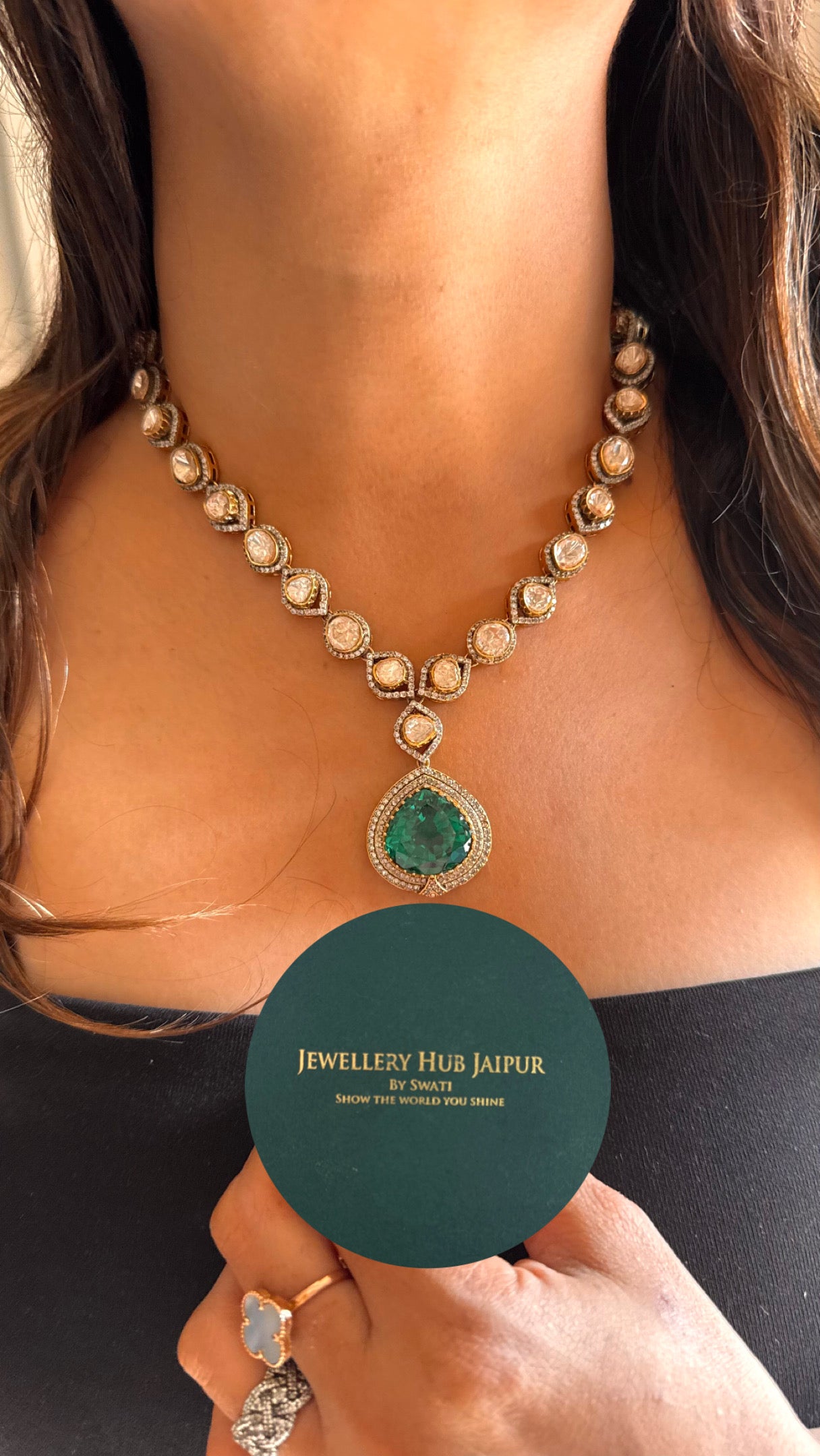 emerald moissanite peeli polki necklace