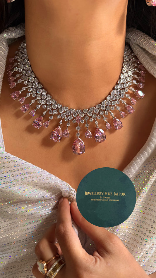 Rose quartz cz diamond statement necklace