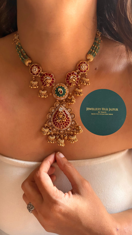 Ruby & emerald inlay work jhumka style rajwada collar set