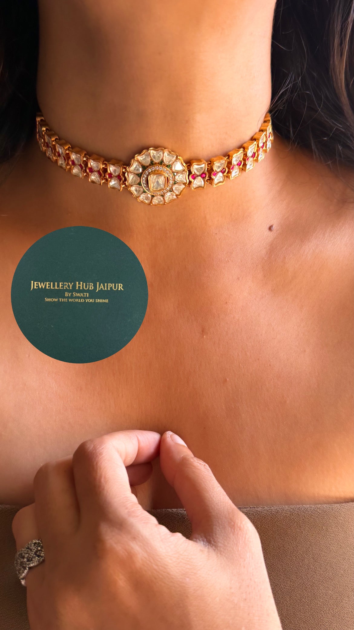 Real moissanite rani pink & emerald floral minimal choker set