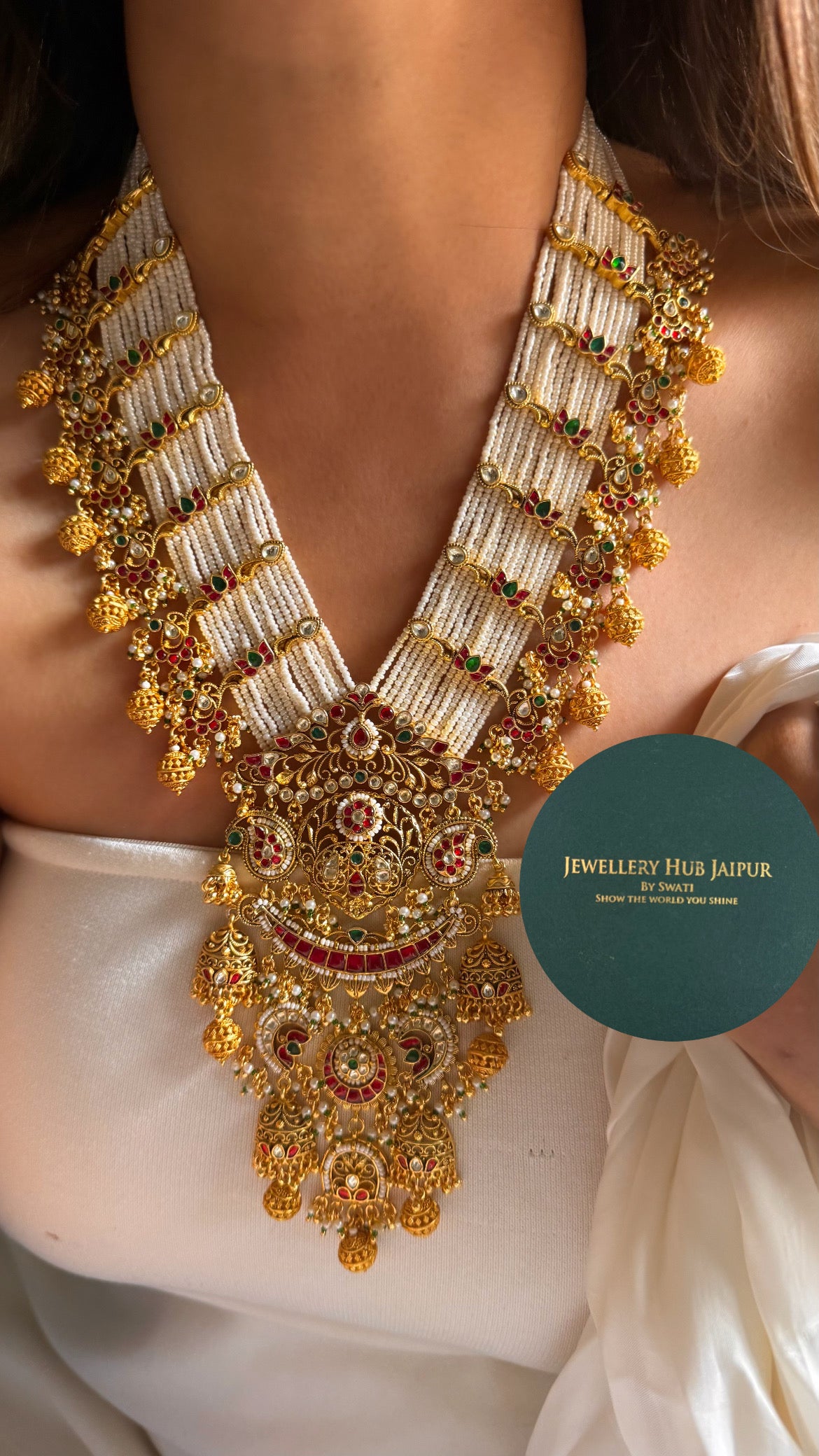 Handmade Heritage Polki Rani pink & emerald heritage design rajwada mid length set