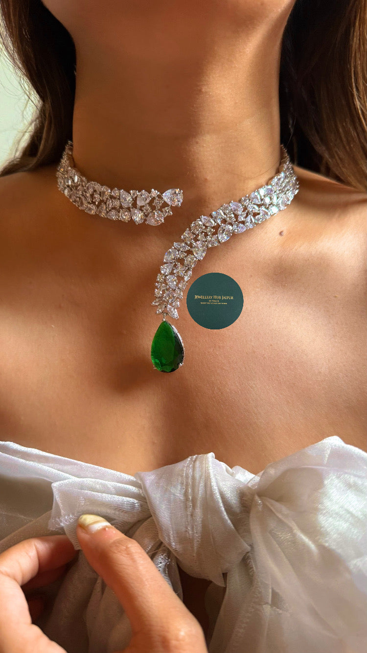Ojasvi cz diamond cocktail choker set with emerald drops