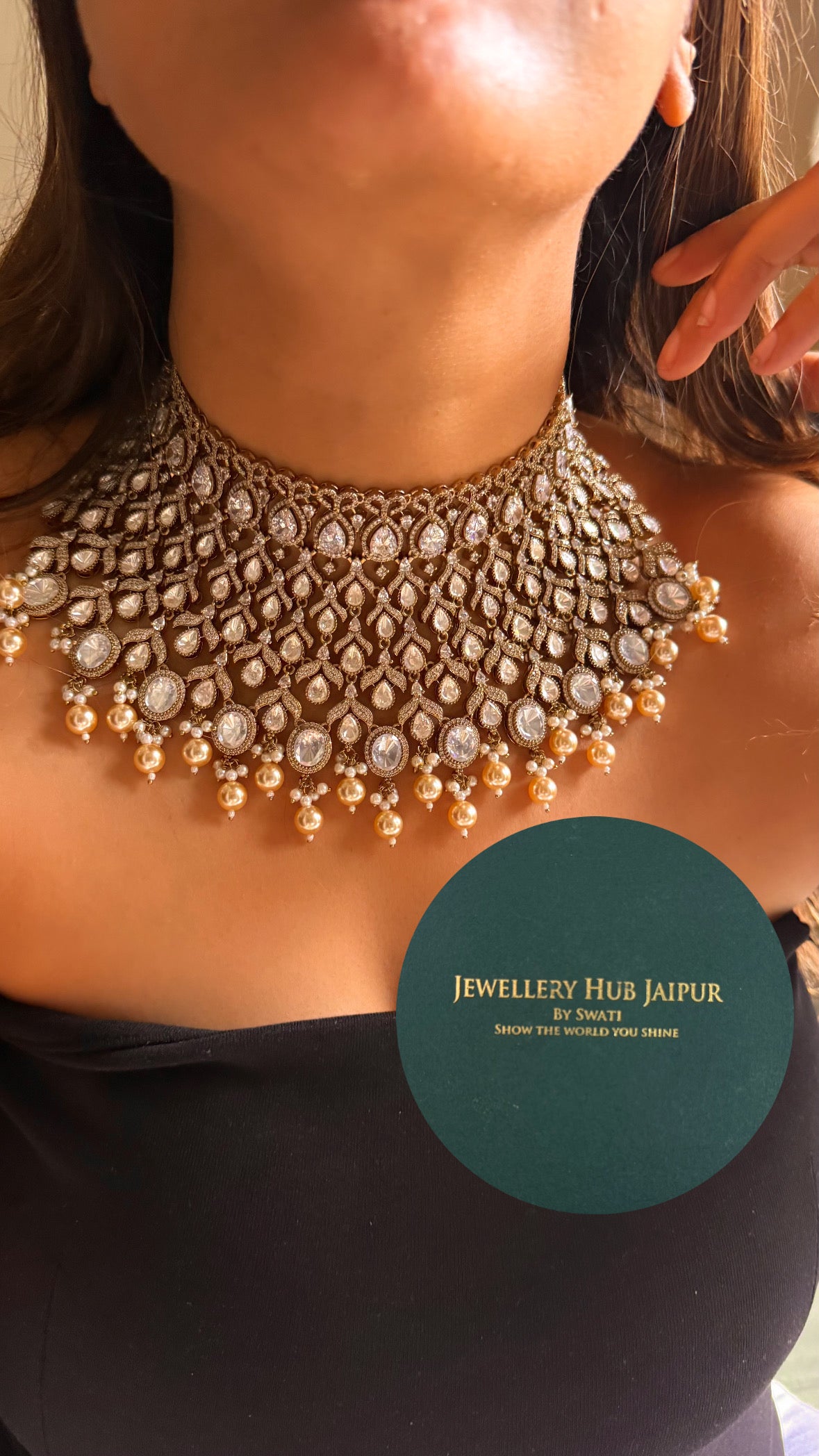 Chetna moissanite polki with pearl drop choker set