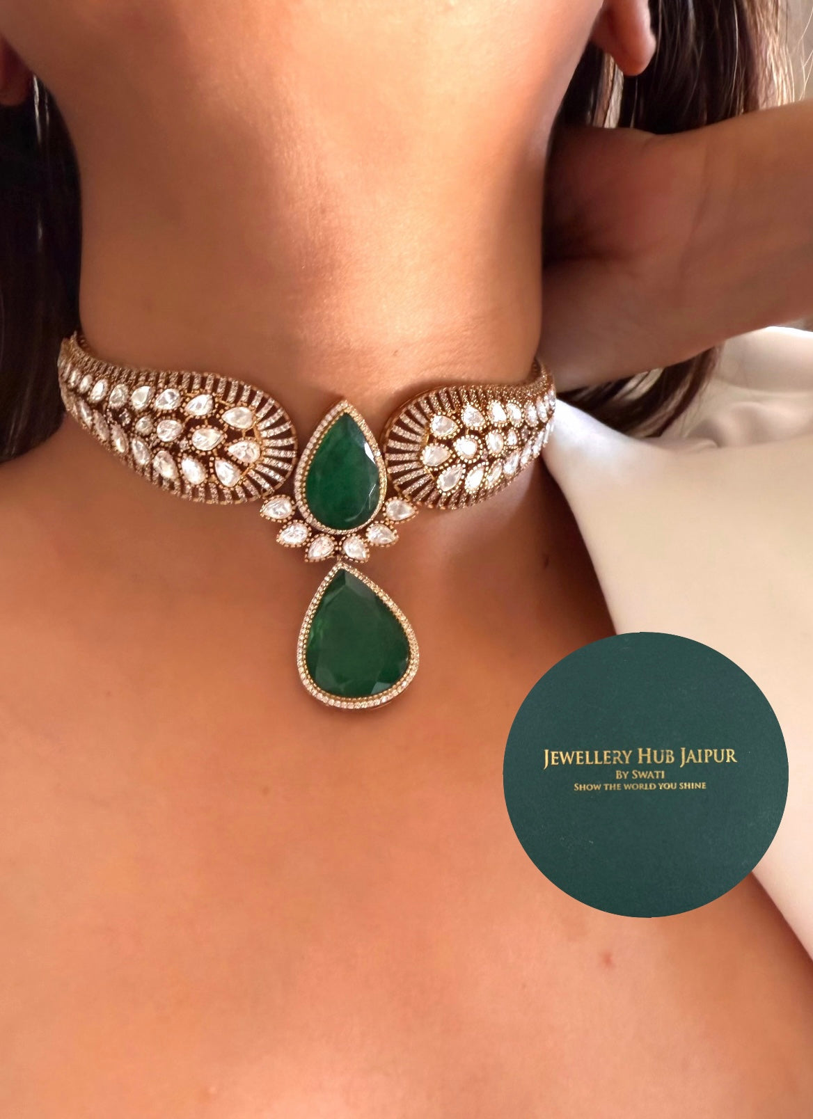 Pranika Emerald doublet Moissanite polki designer choker