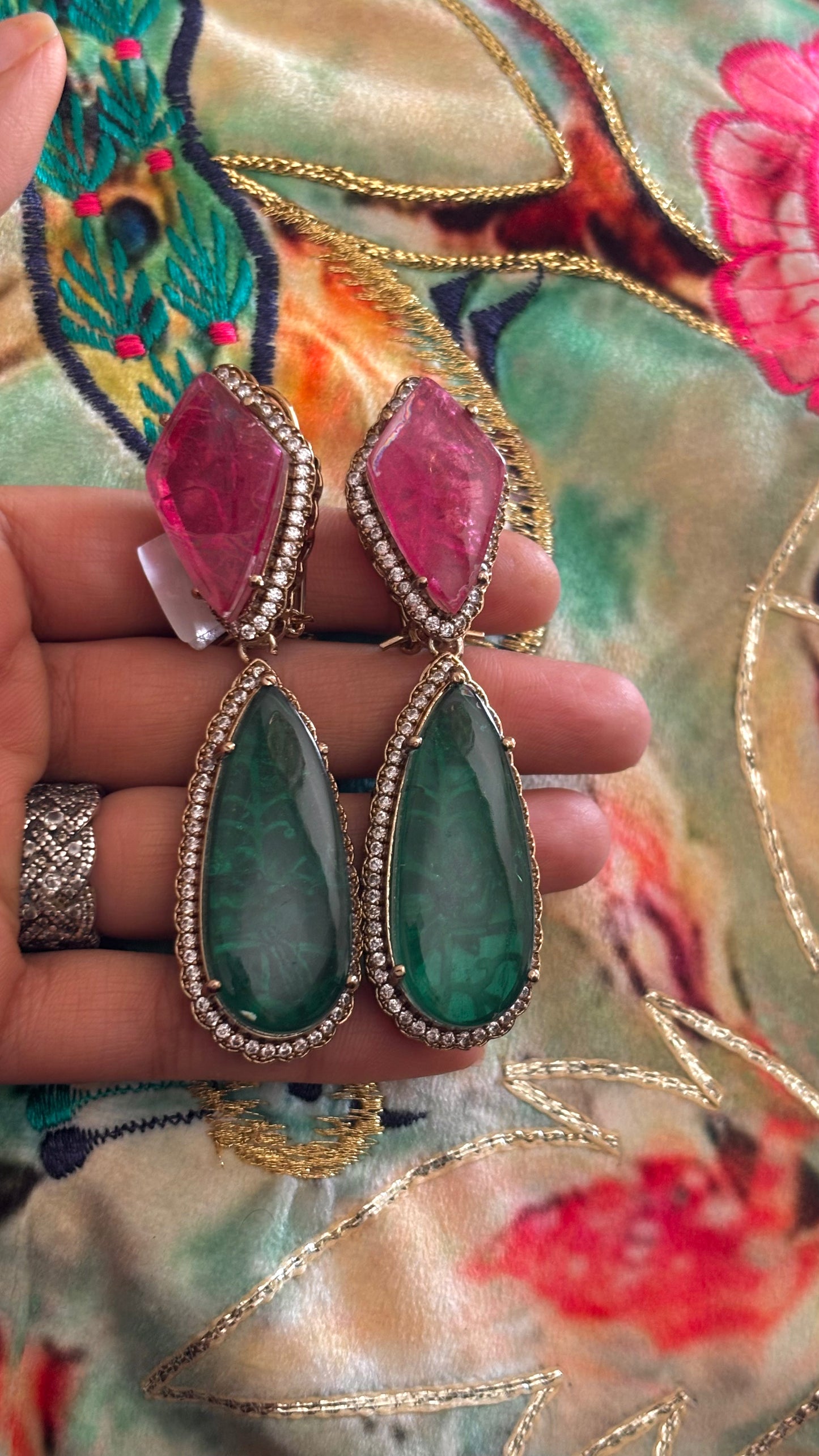 Rose pink & emerald cocktail danglers