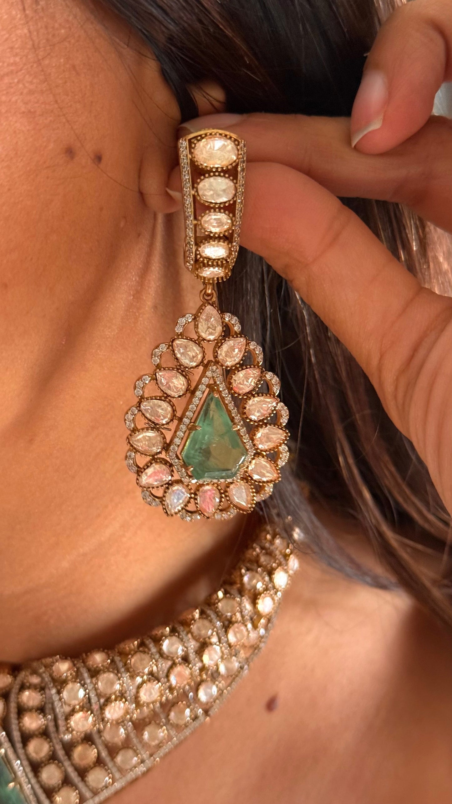 Mint doublet with peeli polki Moissanite combo necklace