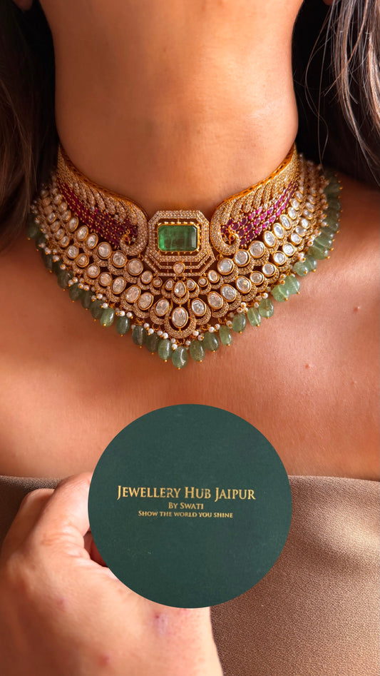 Rani pink ruby moisaanite with mint drops choker Necklace