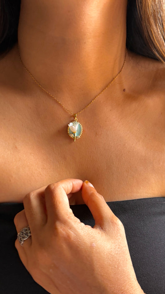 Carved Mother of Pearl Flower Pendant Necklace
