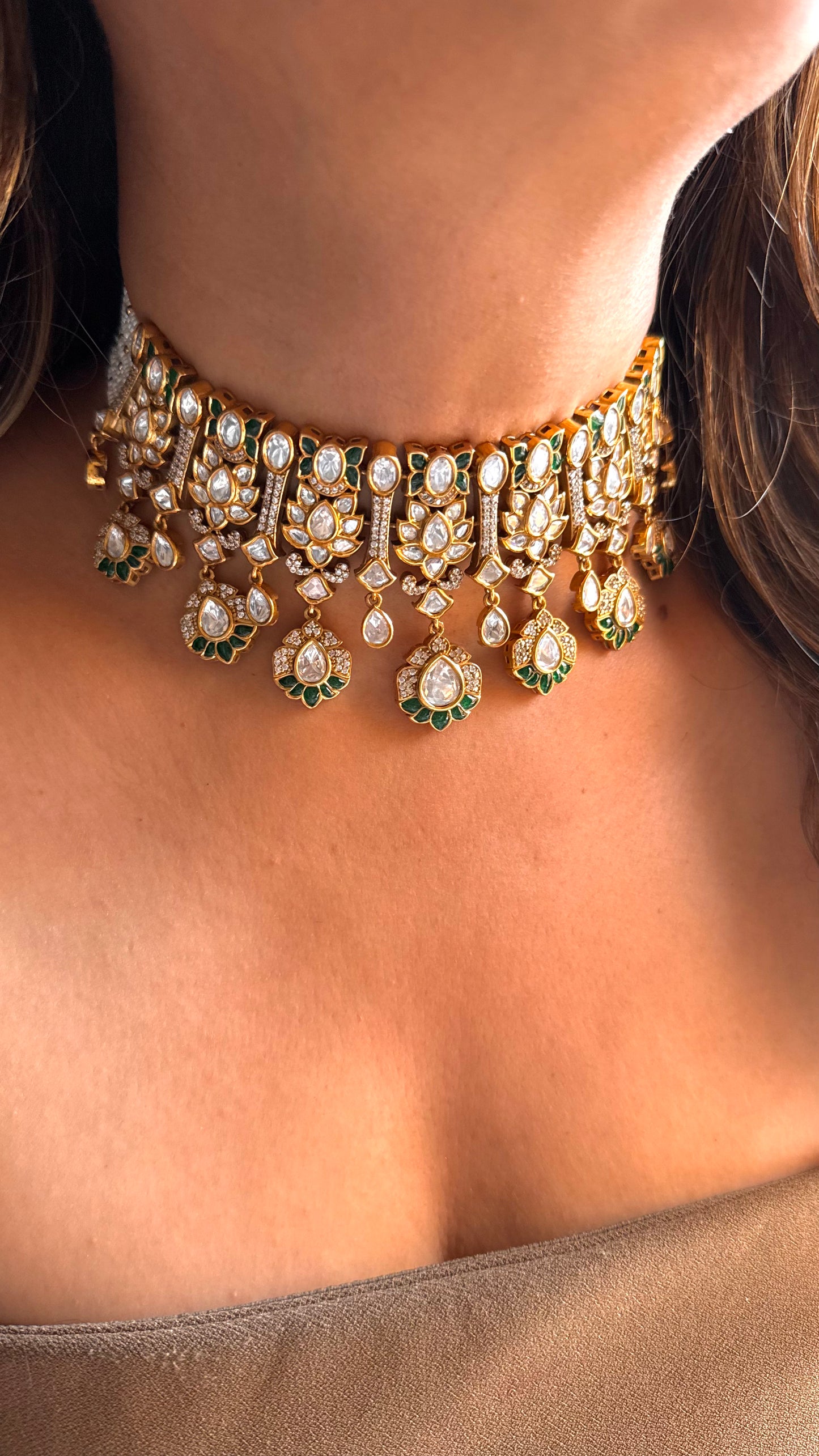 Emerald Takkar work Moissanite Choker Necklace