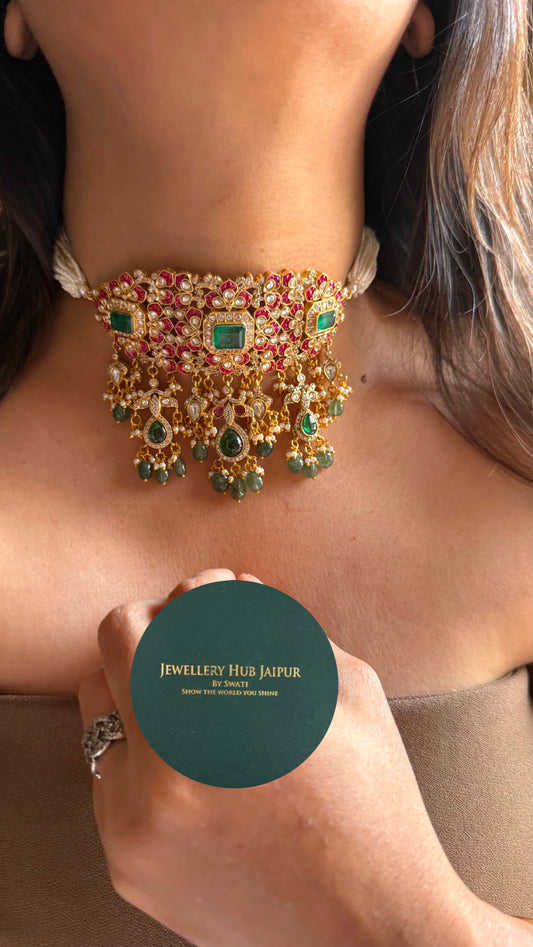 Paachi Kundan Rani pink ruby with emerald thread choker necklace