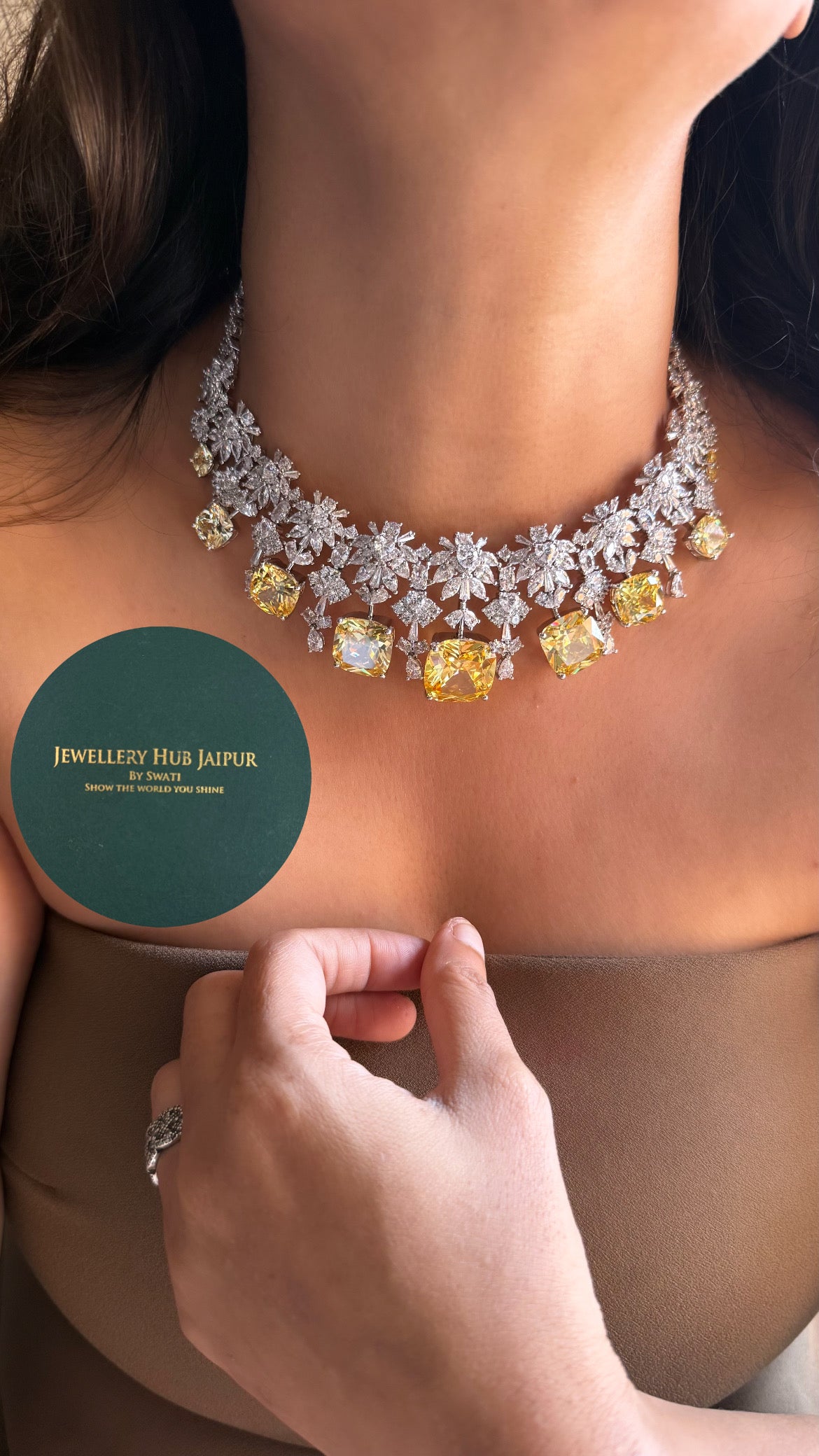 Citrine cz diamond floral design cocktail choker set