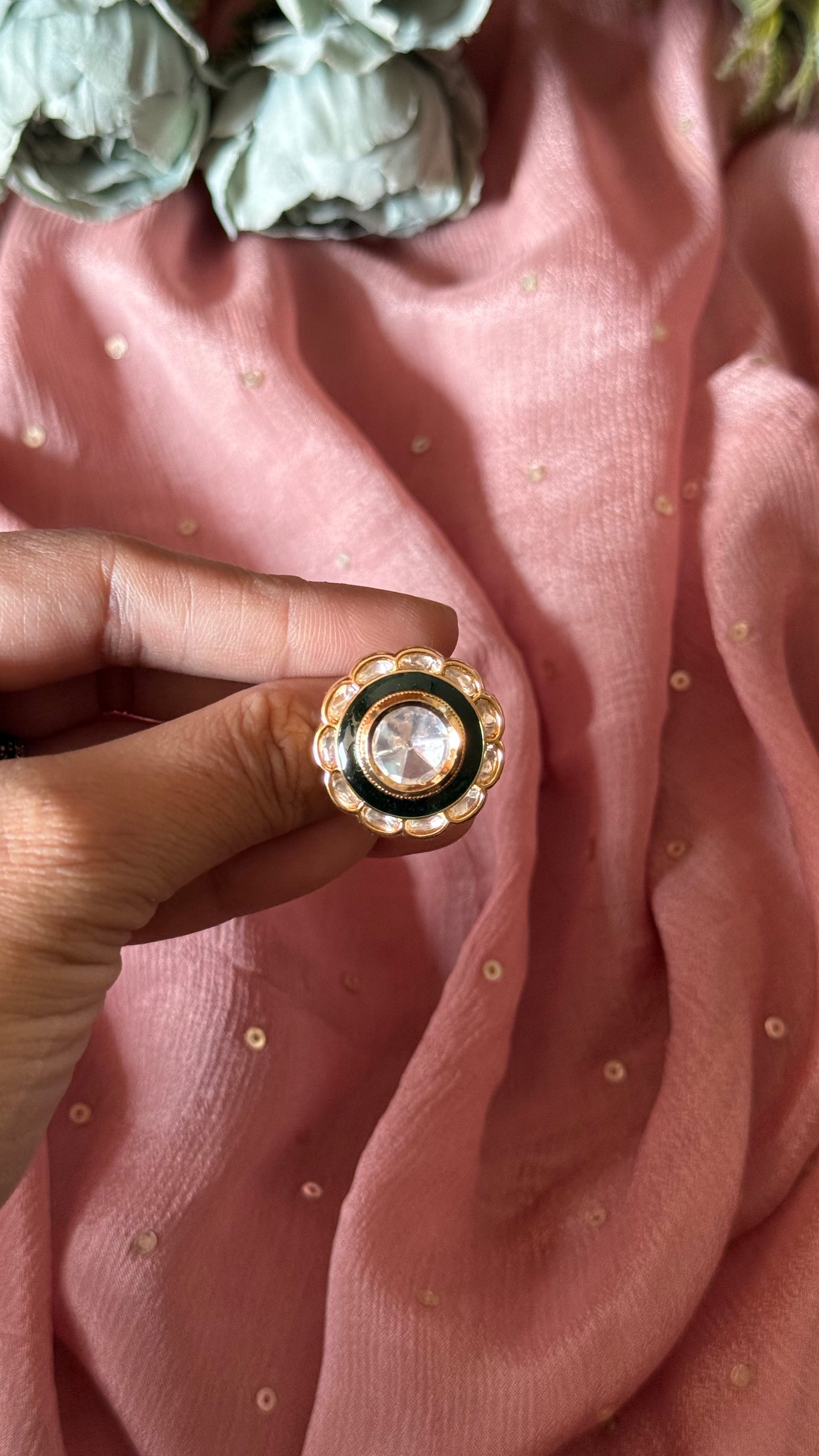 Emerald adjustable meernakari polki ring