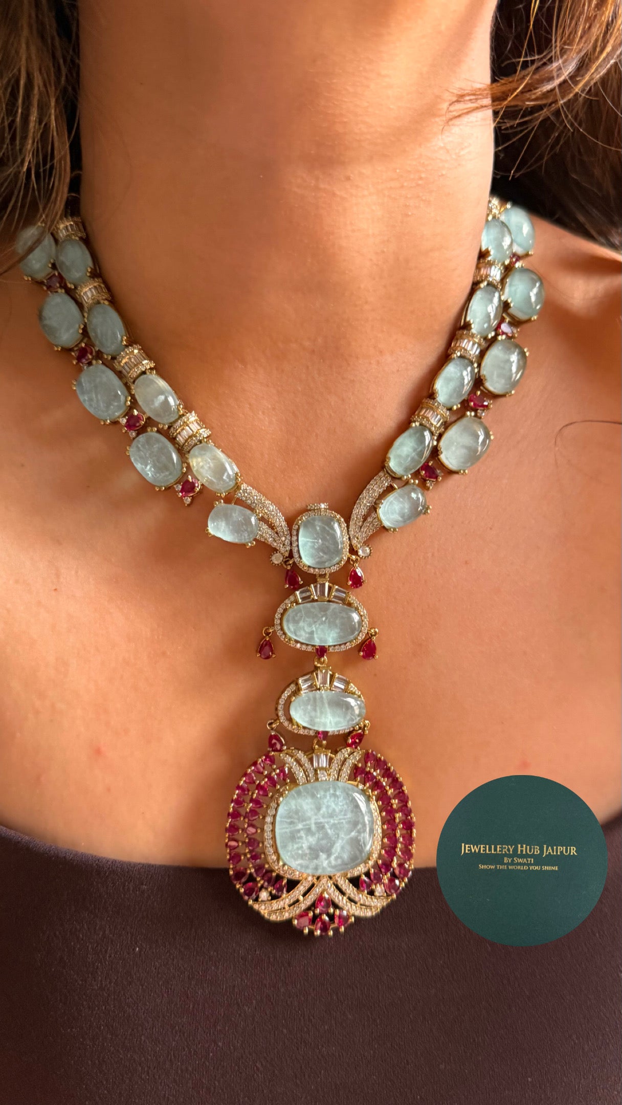Ruby & Aquamarine doublets stones collar Necklace