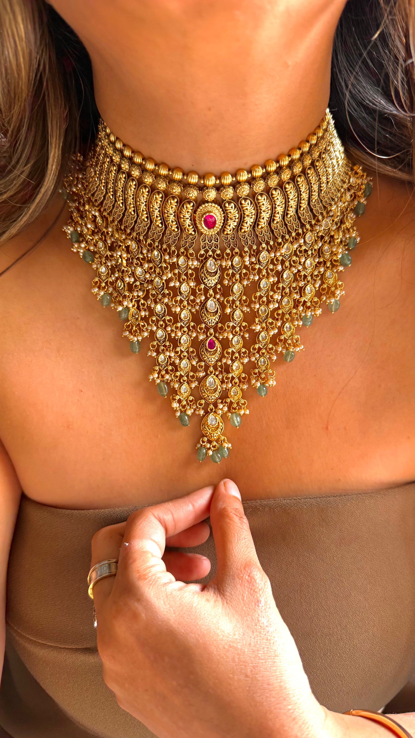 Rajwadi Aad style choker with Rani pink stone & waterfall detailing