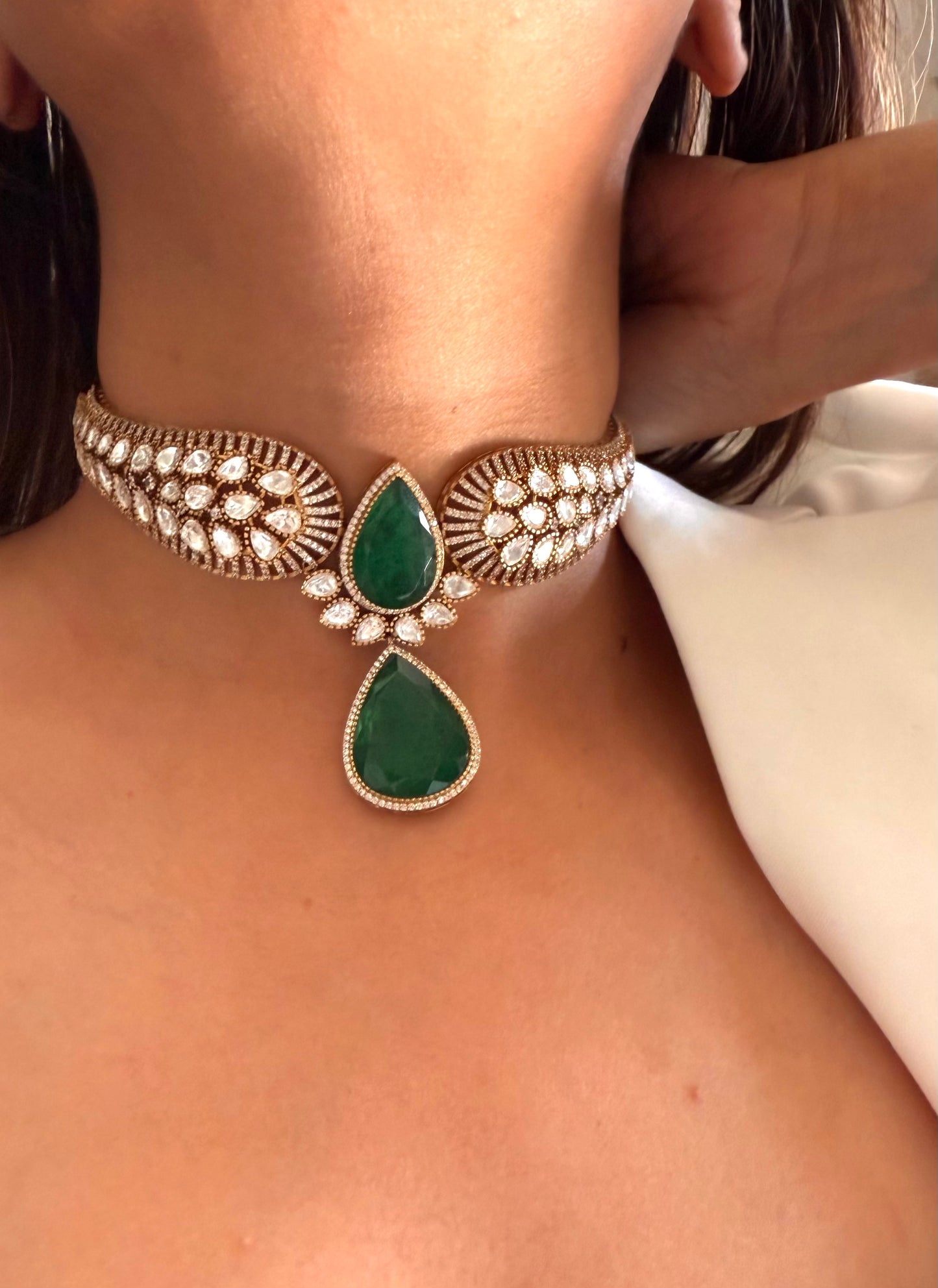 Pranika Emerald doublet Moissanite polki designer choker