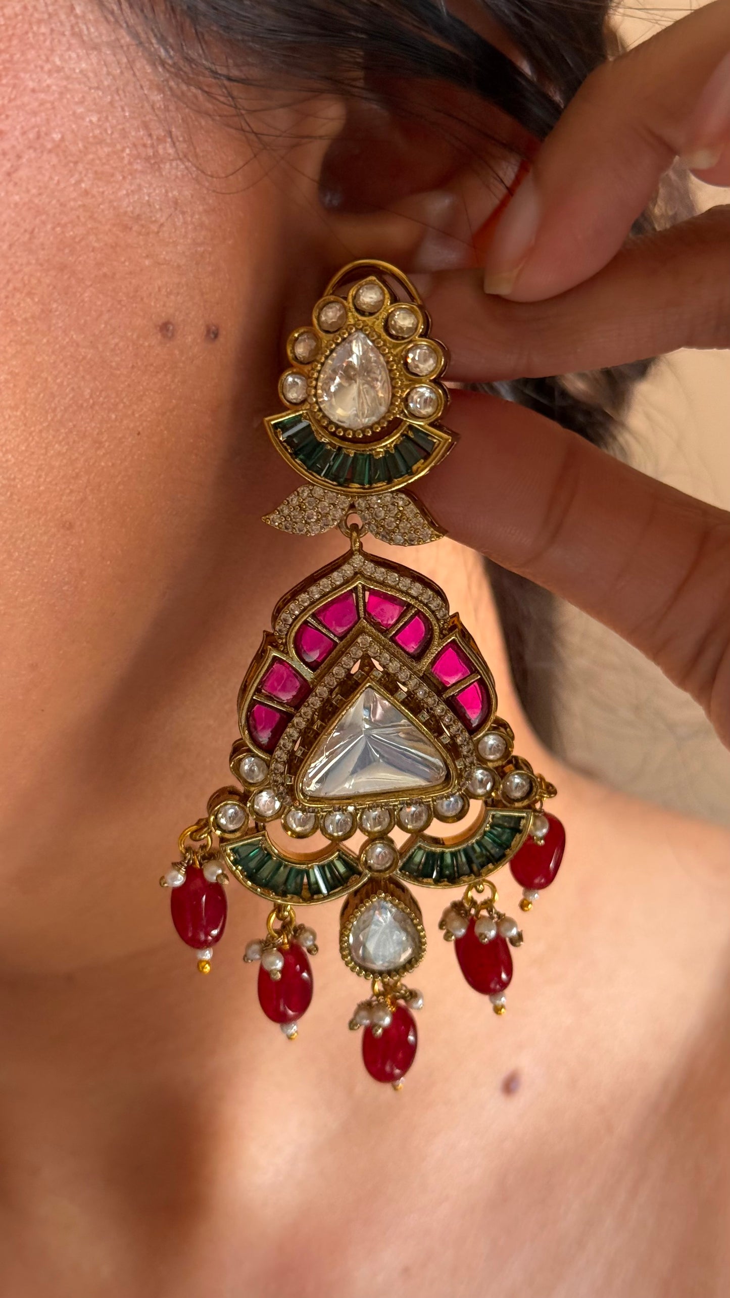 emerald & ruby drop moissanite bridal necklace