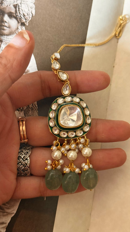 Emerald meenakari polki with mint drop maangtika