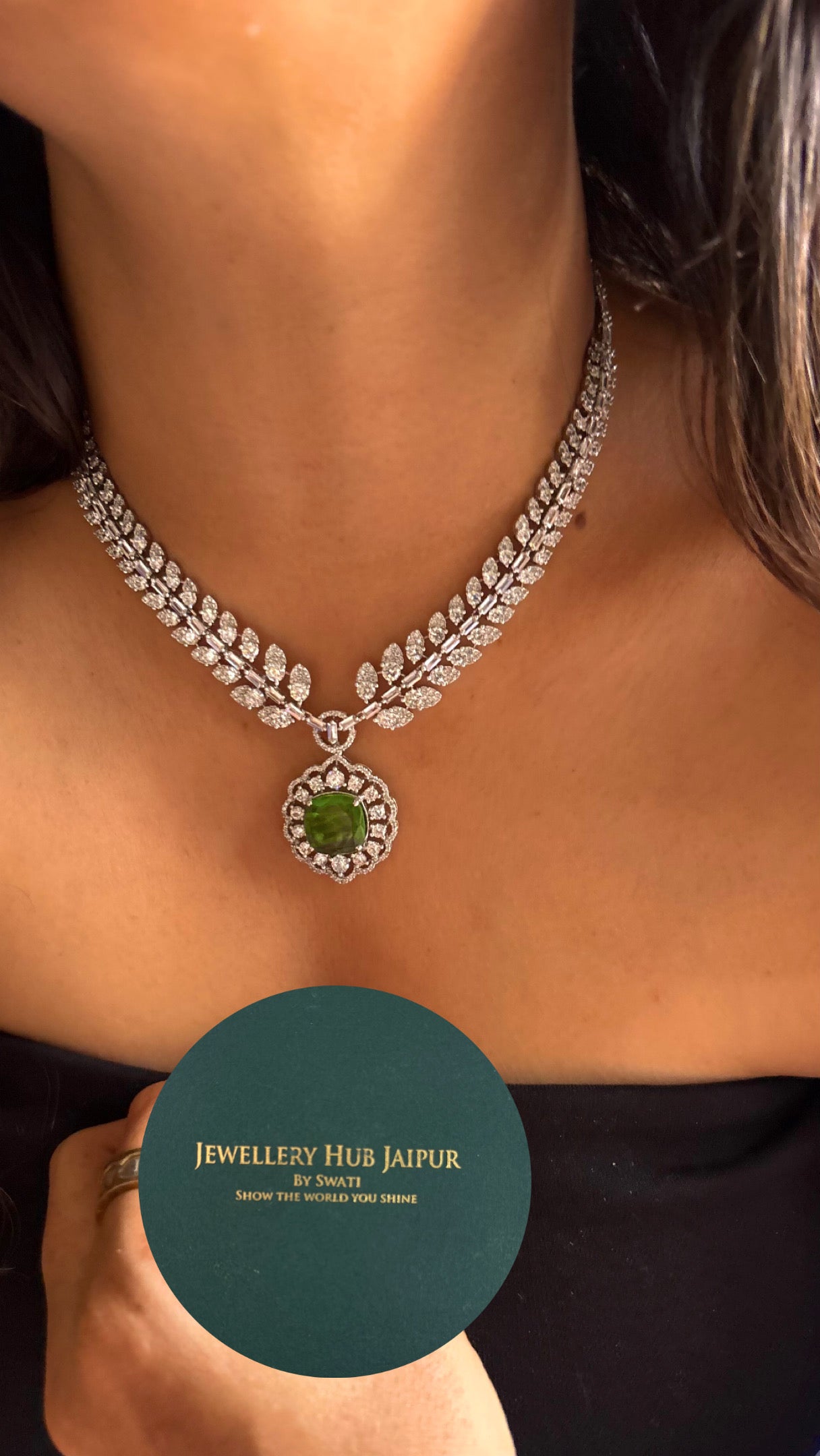 Emerald designer cz leafy crystal necklace