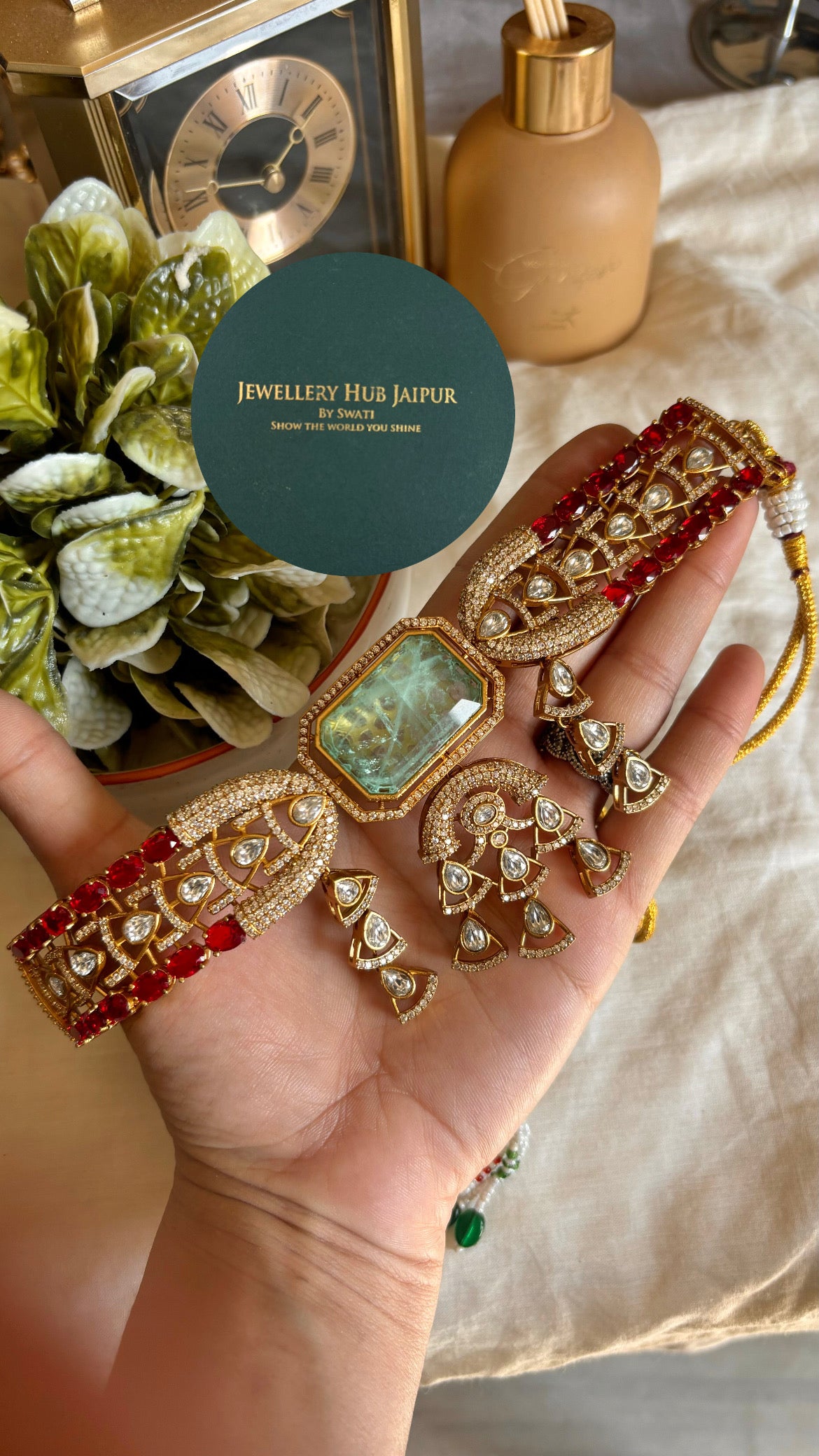 Noor Mint ruby designer polki choker necklace with earrings