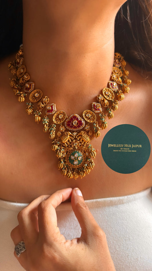 Emerald inlay & ruby designer rajwada collar set