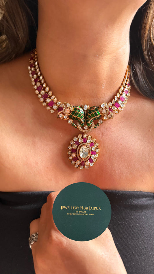 Gajj inspired emerald& rani pink ruby doublet with peeli polki collar Necklace Necklace