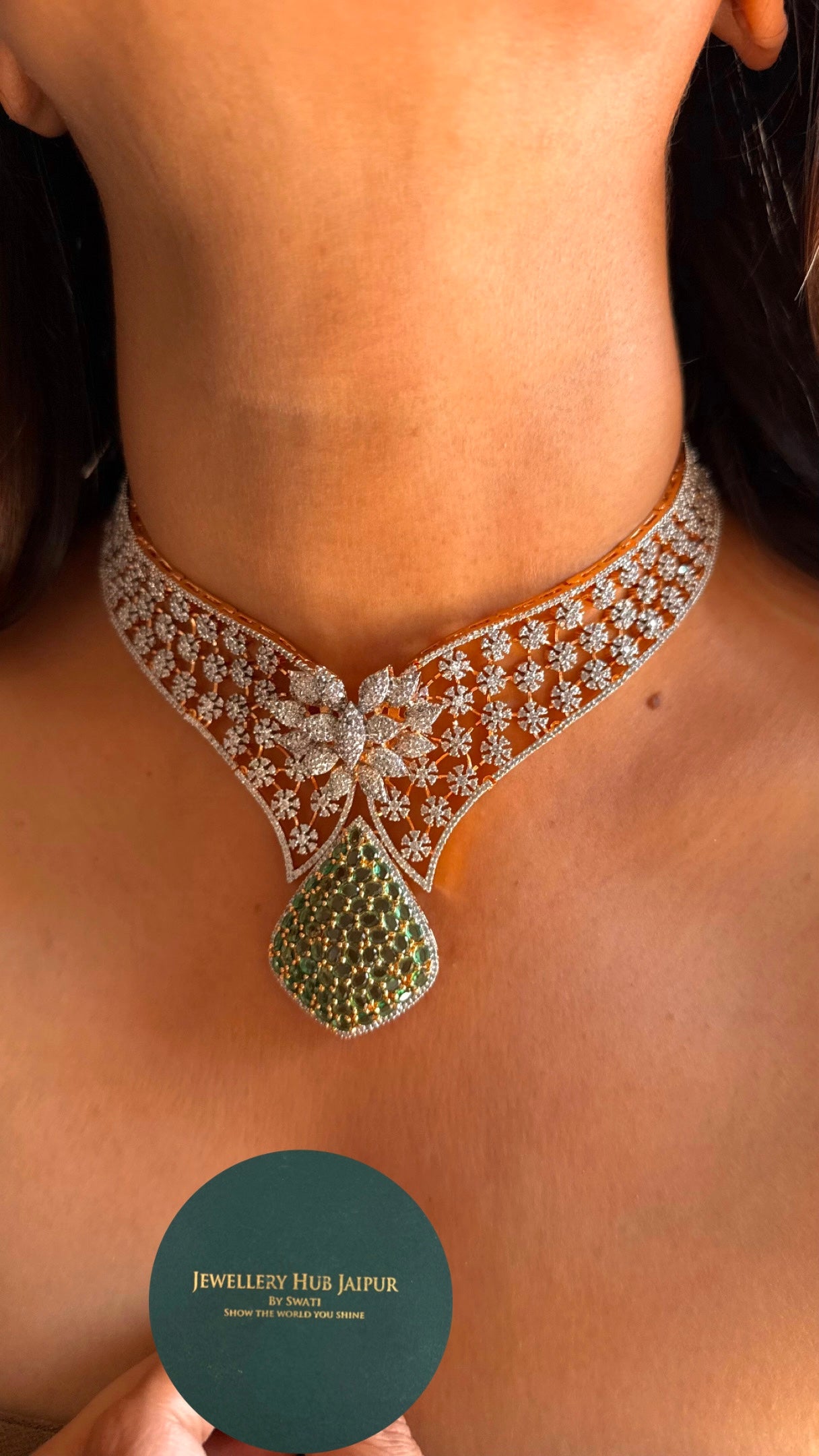 Emerald rose gold designer cocktail Necklace