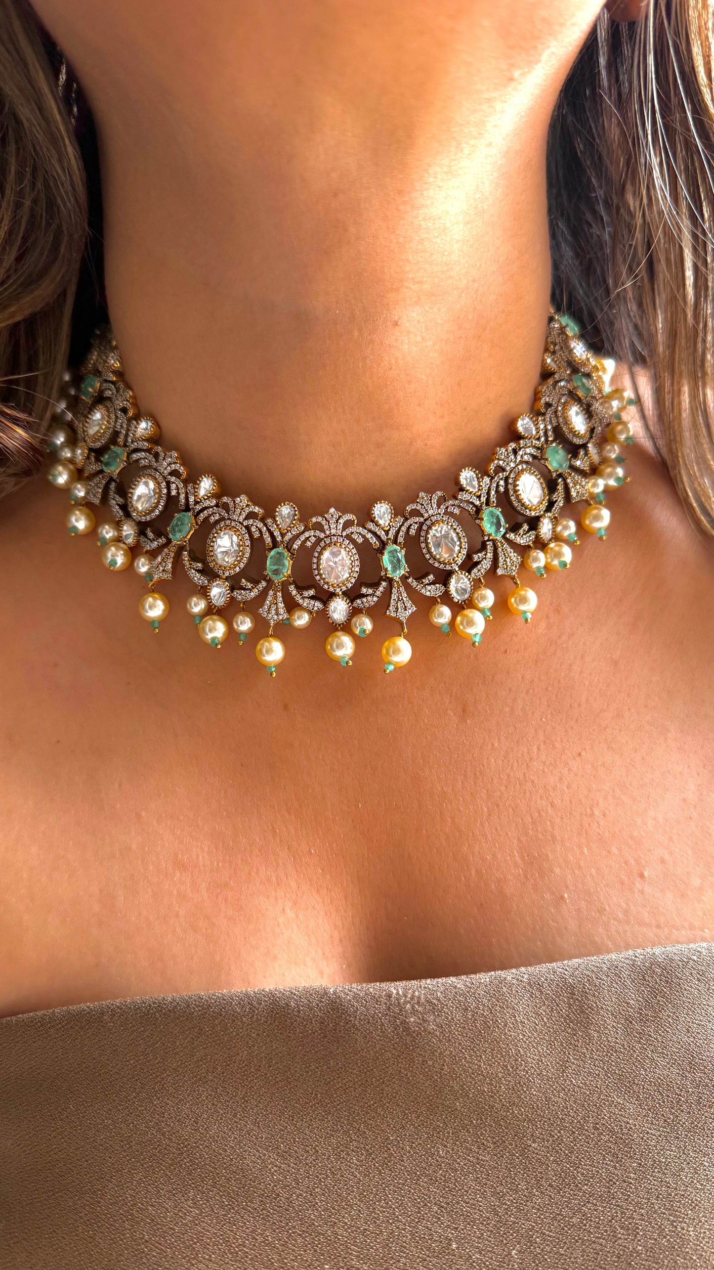 Pritam- Victorian Mint Collar Necklace with pearl detailing